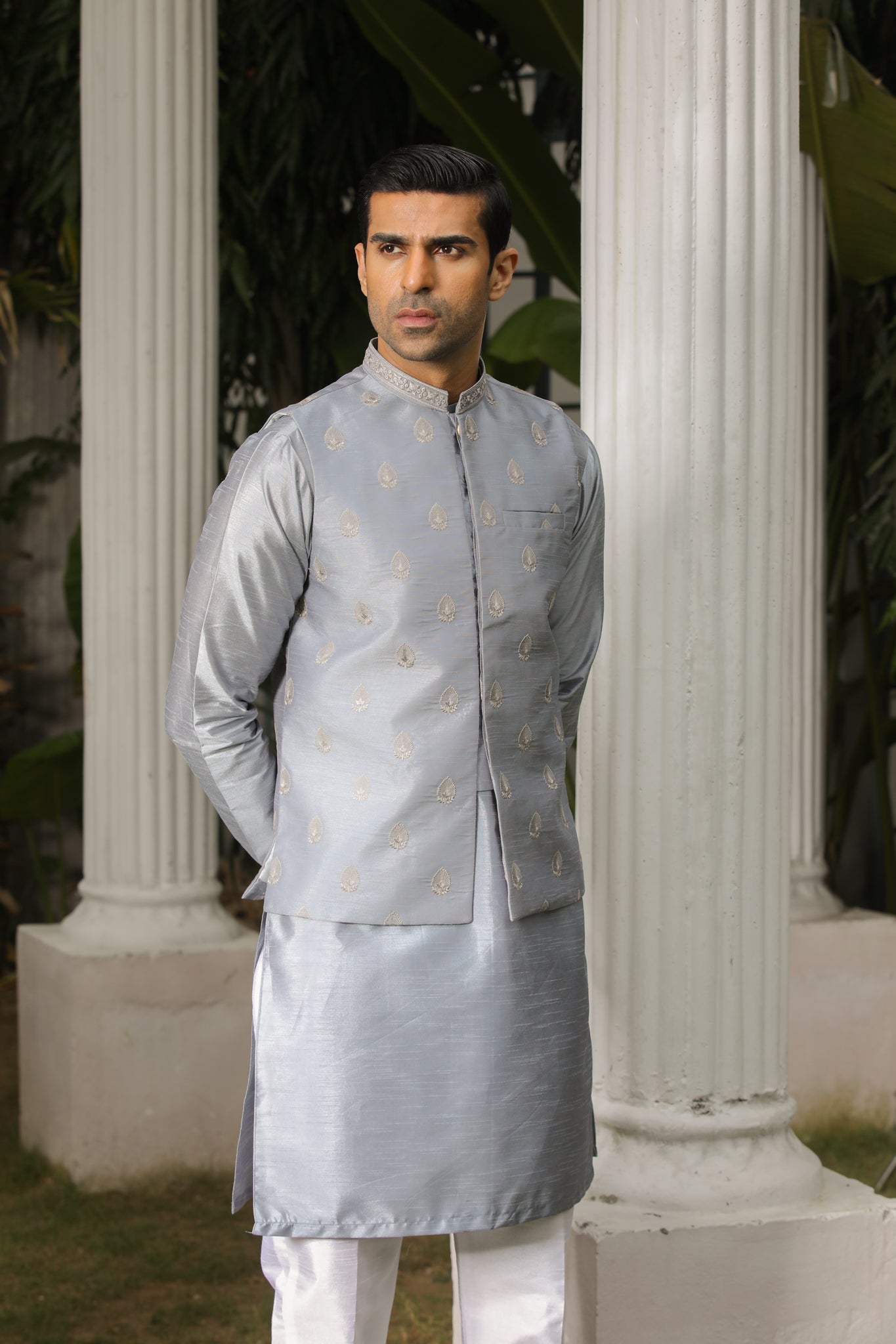 Bluish Grey Embroidered Raw Silk Waistcoat Kurta (3-Piece) - Image 1