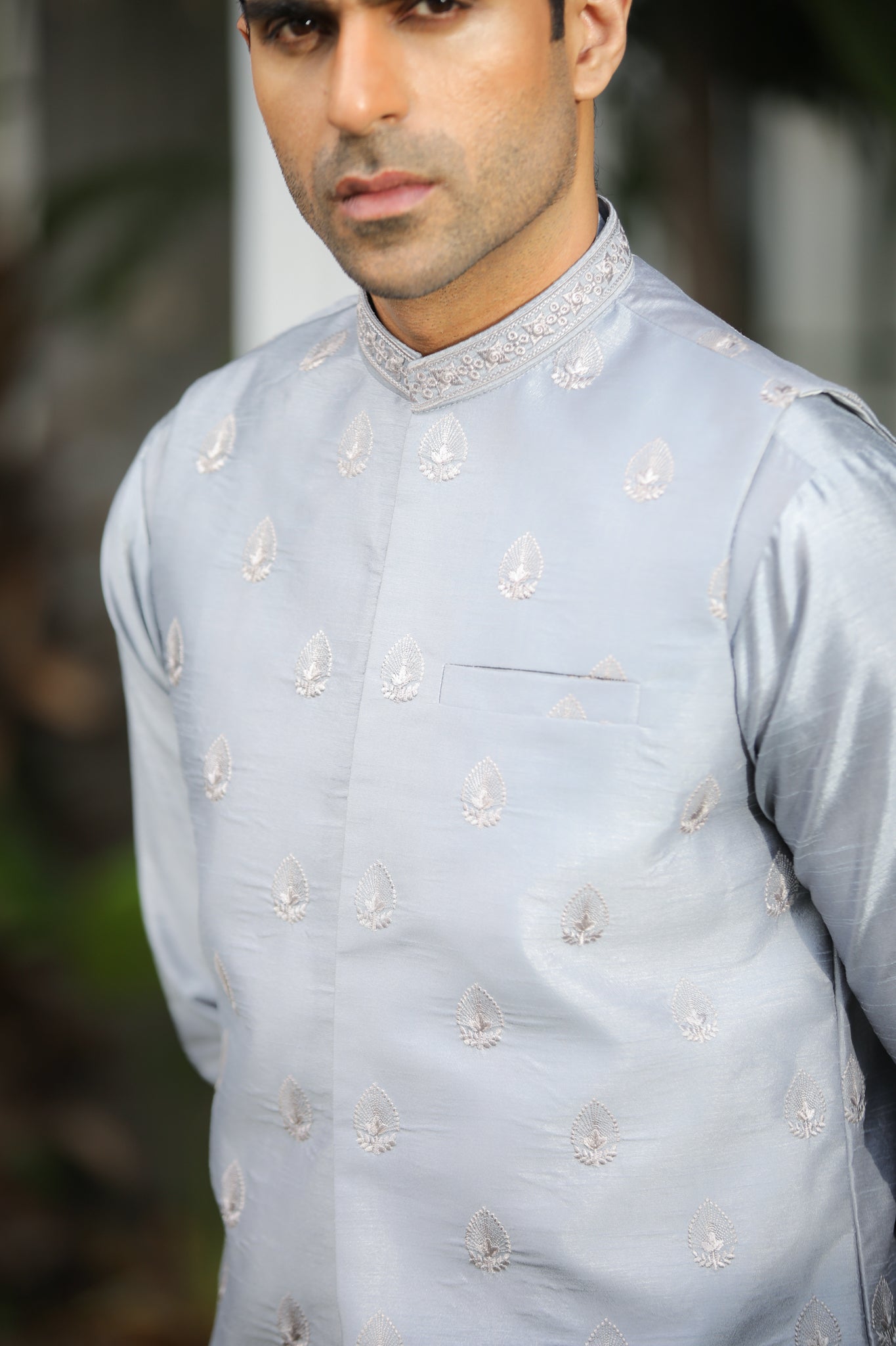 Bluish Grey Embroidered Raw Silk Waistcoat Kurta (3-Piece) - Image 2
