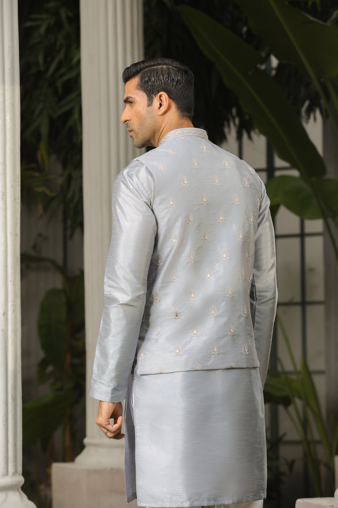 Bluish Grey Embroidered Raw Silk Waistcoat Kurta (3-Piece) - Image 3