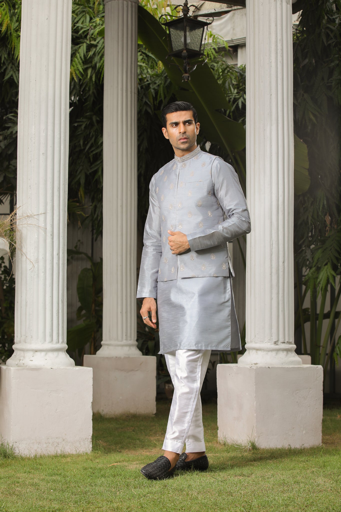 Bluish Grey Embroidered Raw Silk Waistcoat Kurta (3-Piece) - Image 4