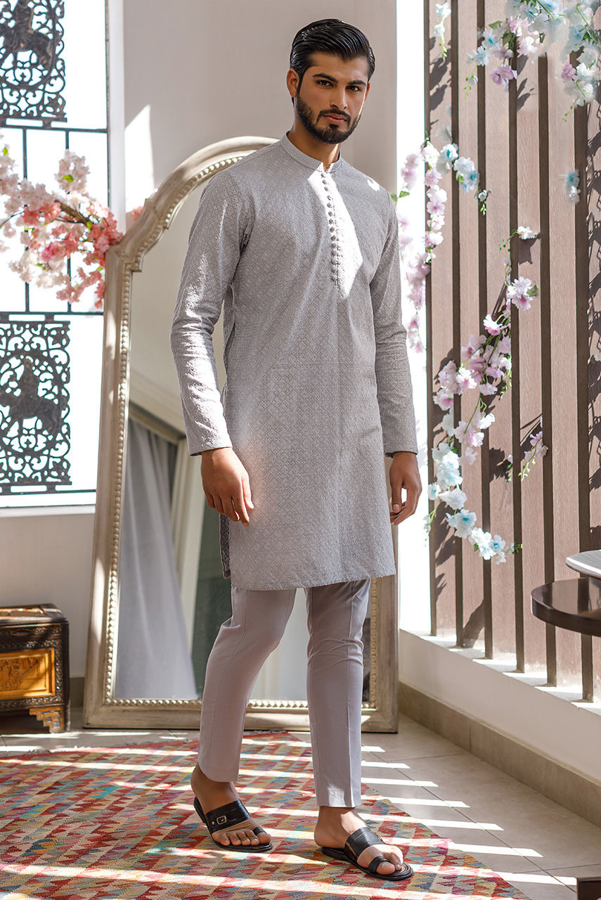 Grey Embroidered Raw Silk Waistcoat Kurta Set (3-Piece) - Image 10