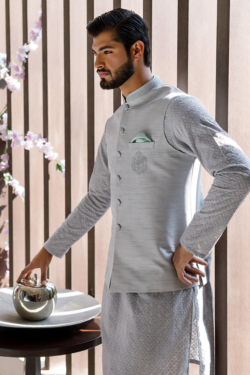 Grey Embroidered Raw Silk Waistcoat Kurta Set (3-Piece) - Image 2