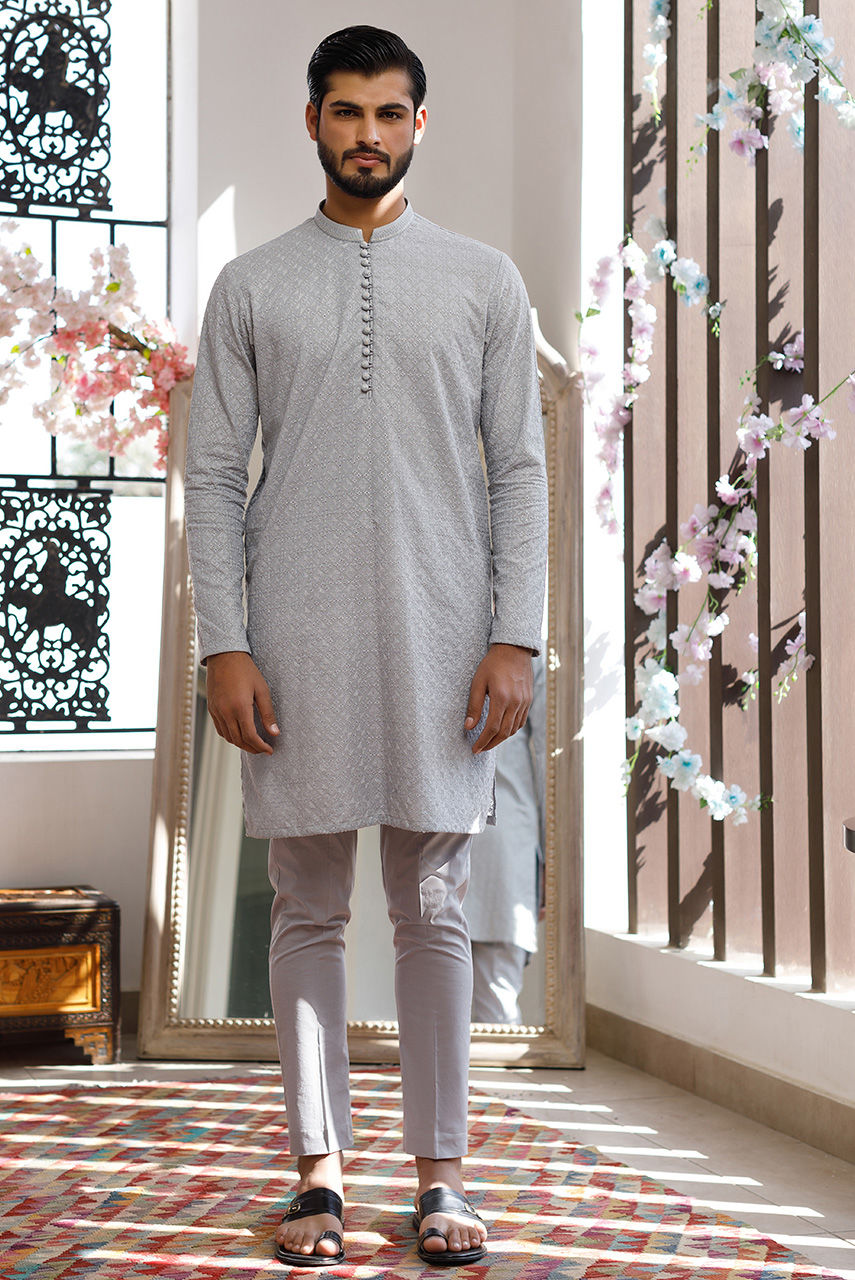 Grey Embroidered Raw Silk Waistcoat Kurta Set (3-Piece) - Image 5