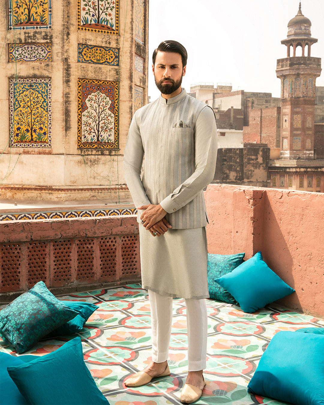 Cloud Grey Woven Korean Raw Silk Waistcoat Kurta (3-Piece) - Image 1