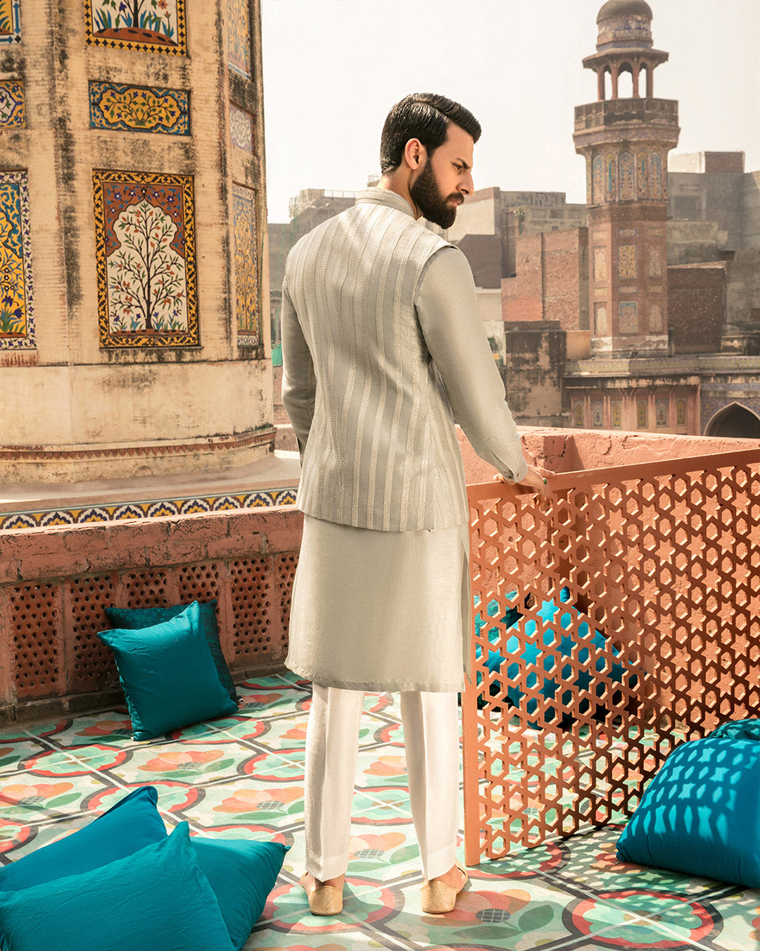 Cloud Grey Woven Korean Raw Silk Waistcoat Kurta (3-Piece) - Image 3