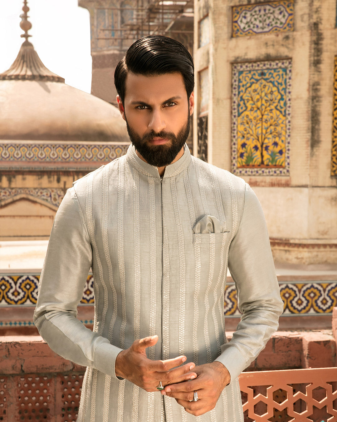 Cloud Grey Woven Korean Raw Silk Waistcoat Kurta (3-Piece) - Image 4