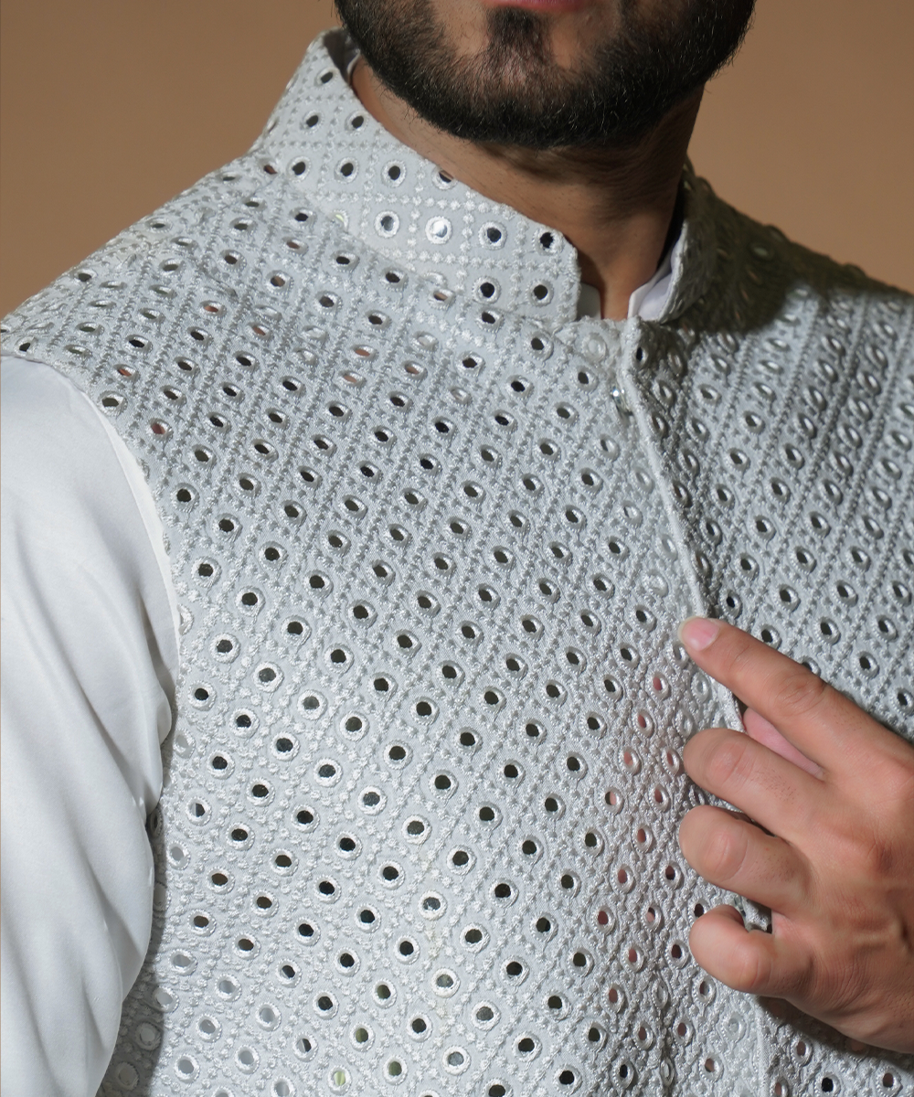 Cool Ash Grey Resham & Mirror Work Raw Silk Waistcoat (3-Piece) - Image 3