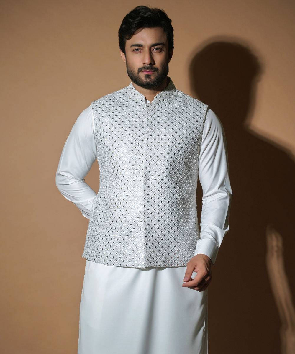 Cool Ash Grey Resham & Mirror Work Raw Silk Waistcoat (3-Piece) - Image 4