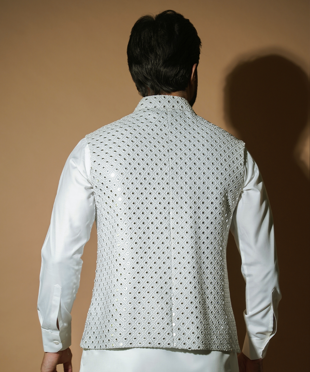 Cool Ash Grey Resham & Mirror Work Raw Silk Waistcoat (3-Piece) - Image 5
