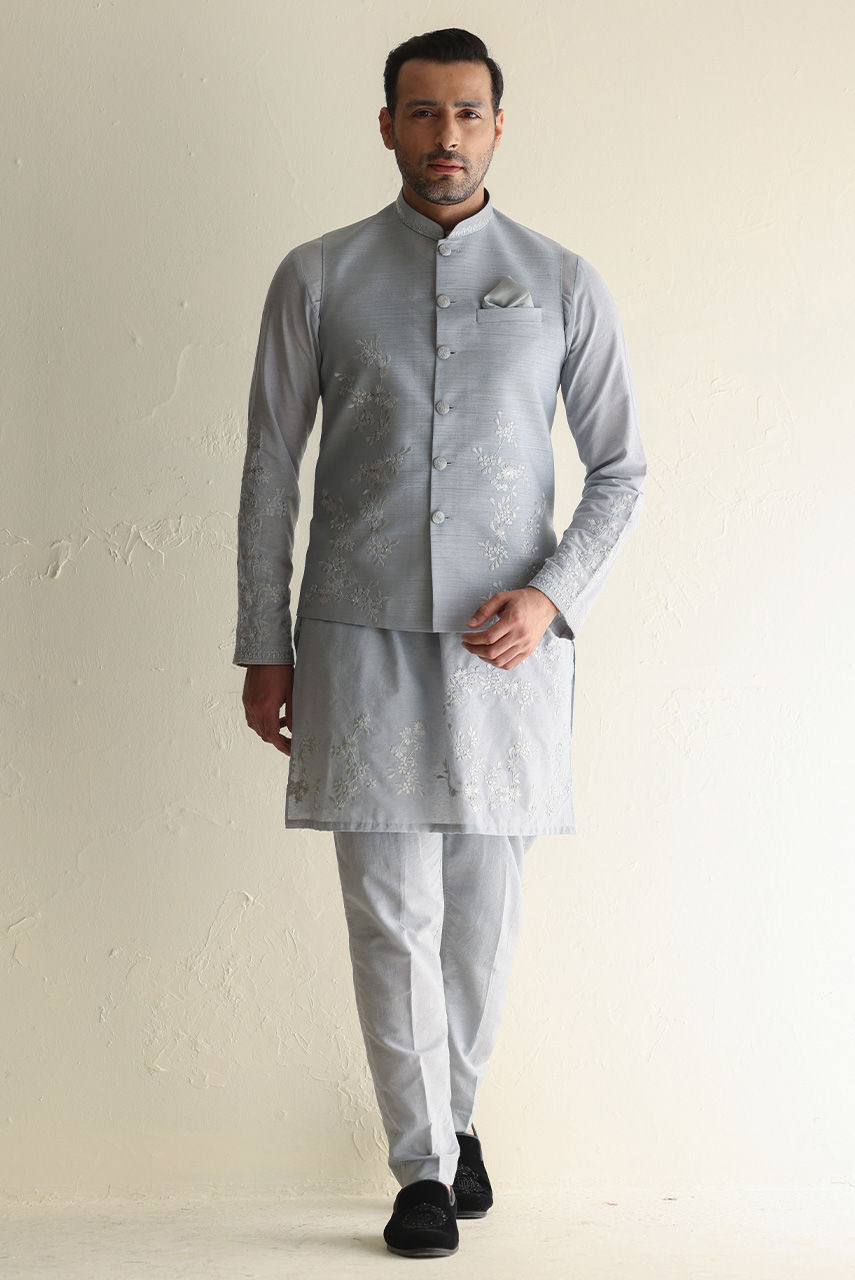Pale Grey Embroidered Raw Silk Waistcoat Kurta Set (3-Piece) - Image 1