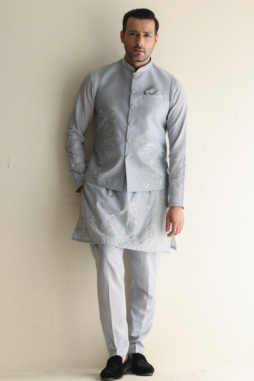 Pale Grey Embroidered Raw Silk Waistcoat Kurta Set (3-Piece) - Image 3