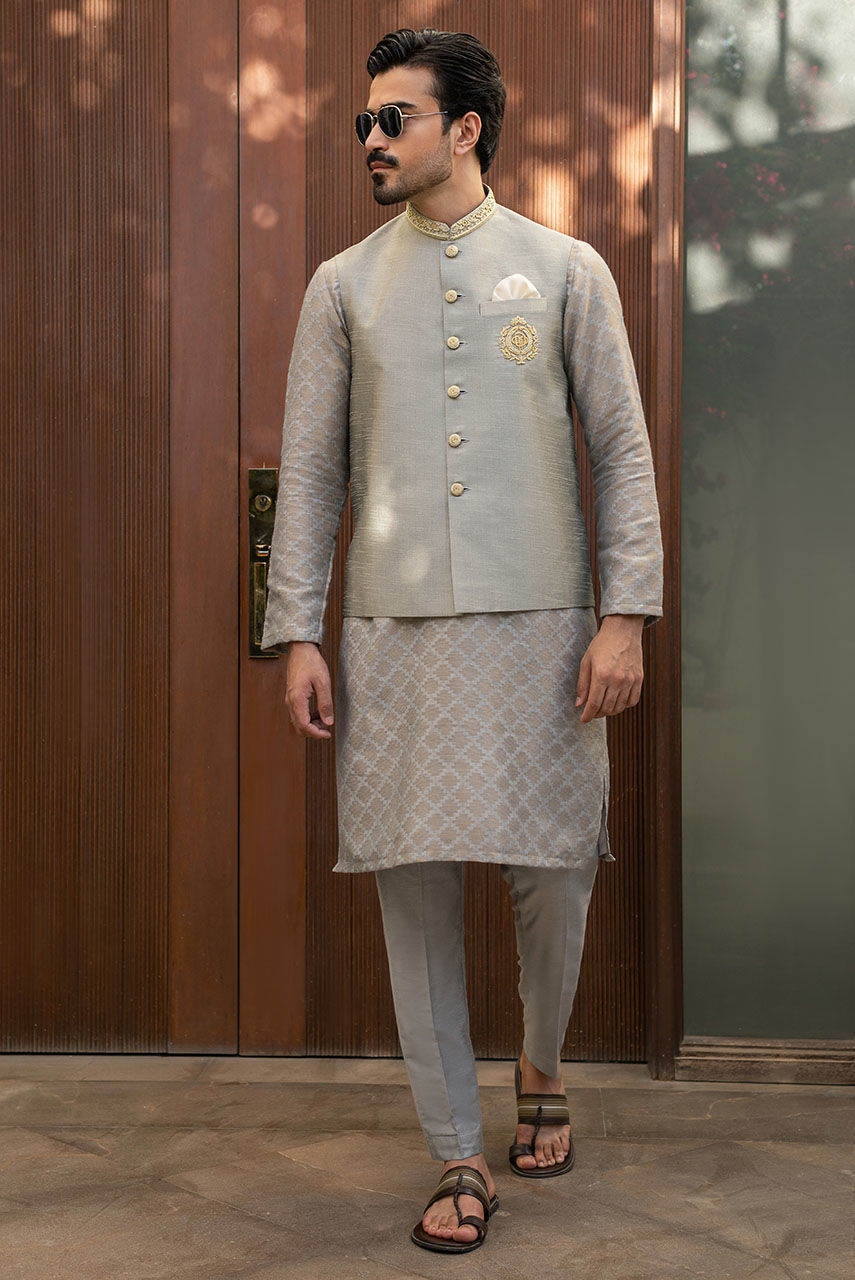 Grey Hand-Embroidered Raw Silk Waistcoat Kurta (3-Piece) - Image 1