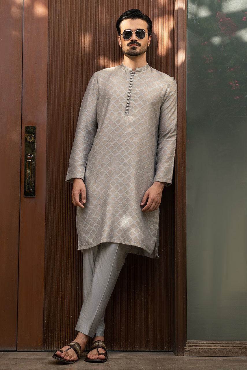 Grey Hand-Embroidered Raw Silk Waistcoat Kurta (3-Piece) - Image 3