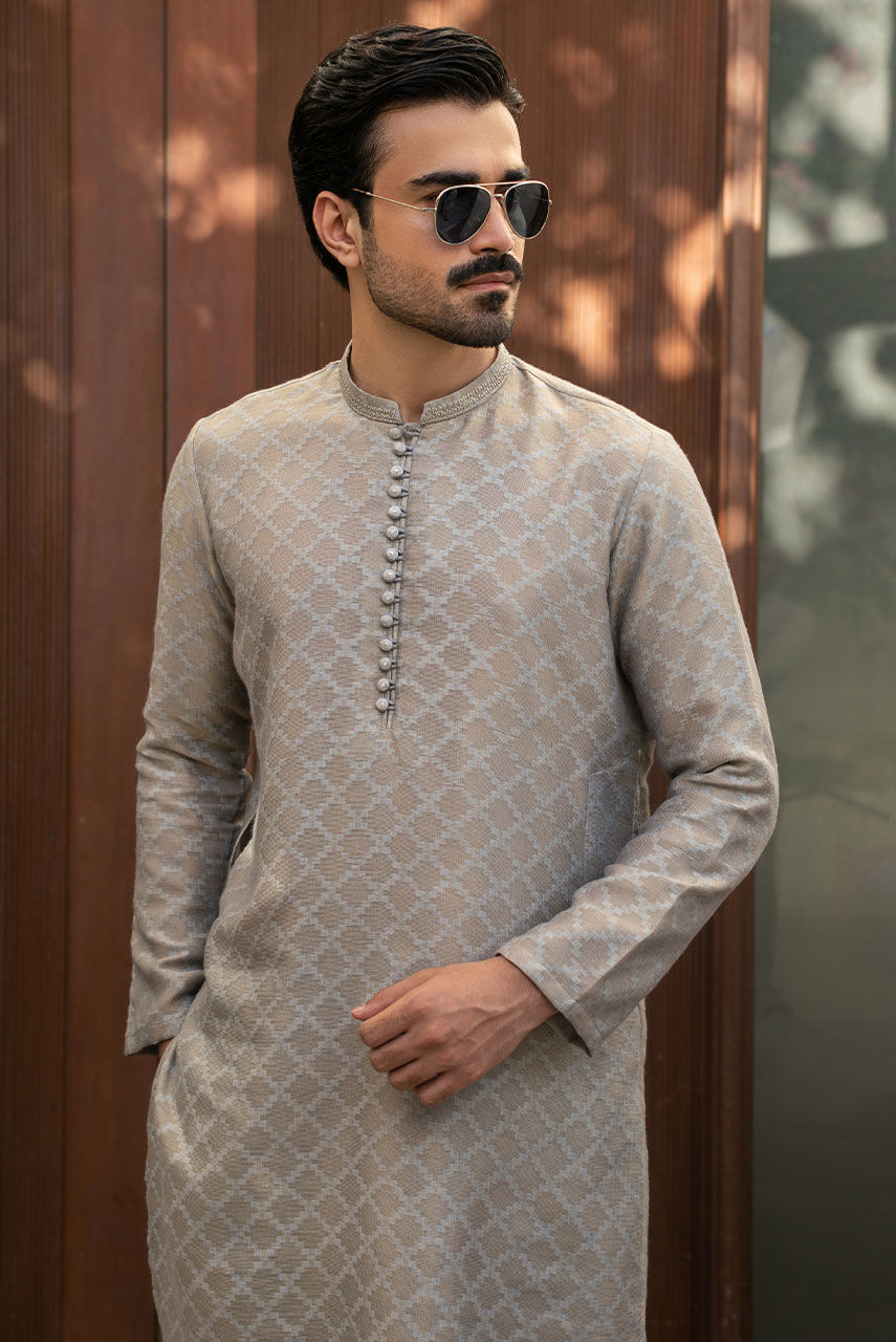 Grey Hand-Embroidered Raw Silk Waistcoat Kurta (3-Piece) - Image 4