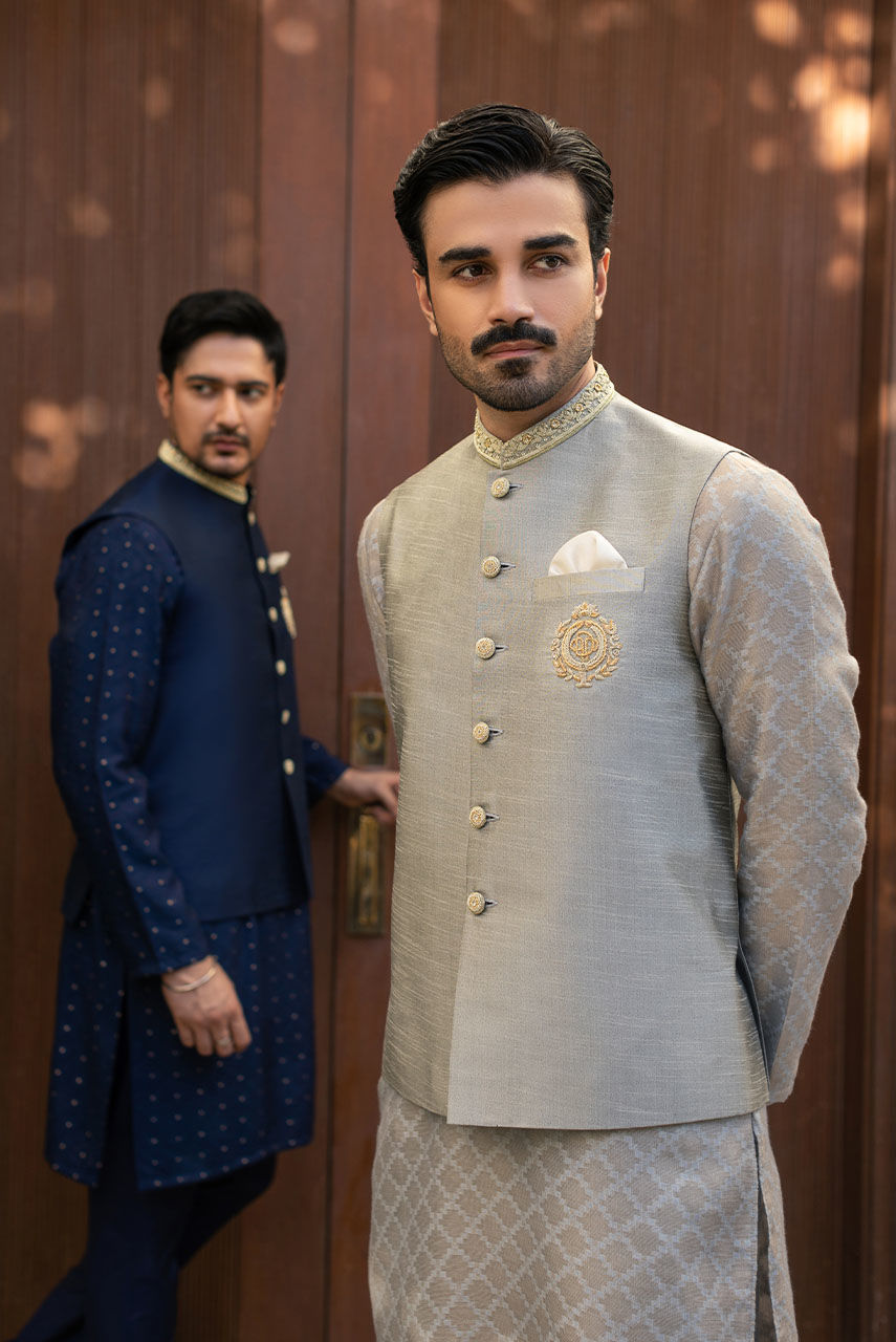 Grey Hand-Embroidered Raw Silk Waistcoat Kurta (3-Piece) - Image 7