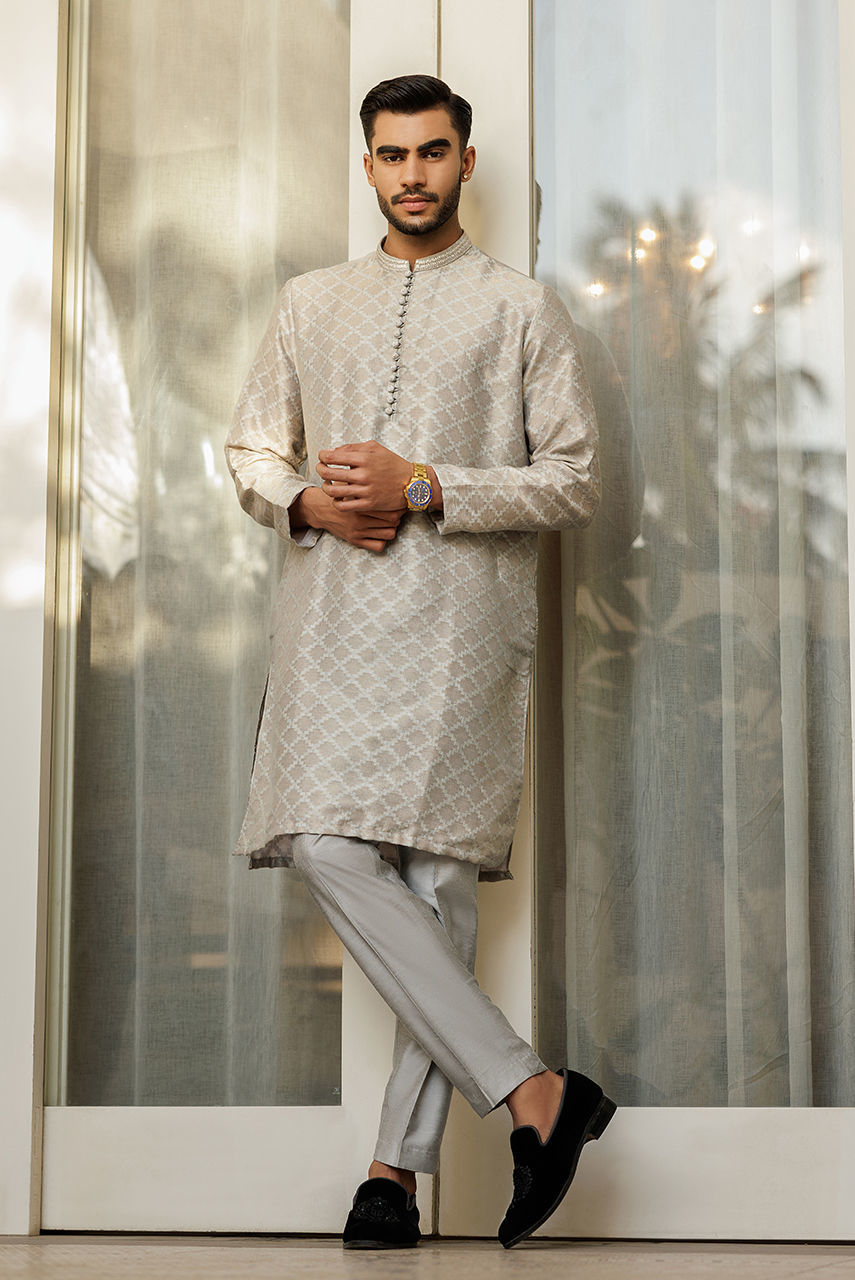 Grey Hand Embroidered Raw Silk Waistcoat Kurta (3-Piece) - Image 3