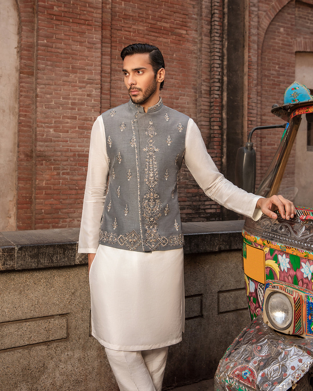 Grey Embroidered Korean Raw Silk Waistcoat Kurta (3-Piece) - Image 1