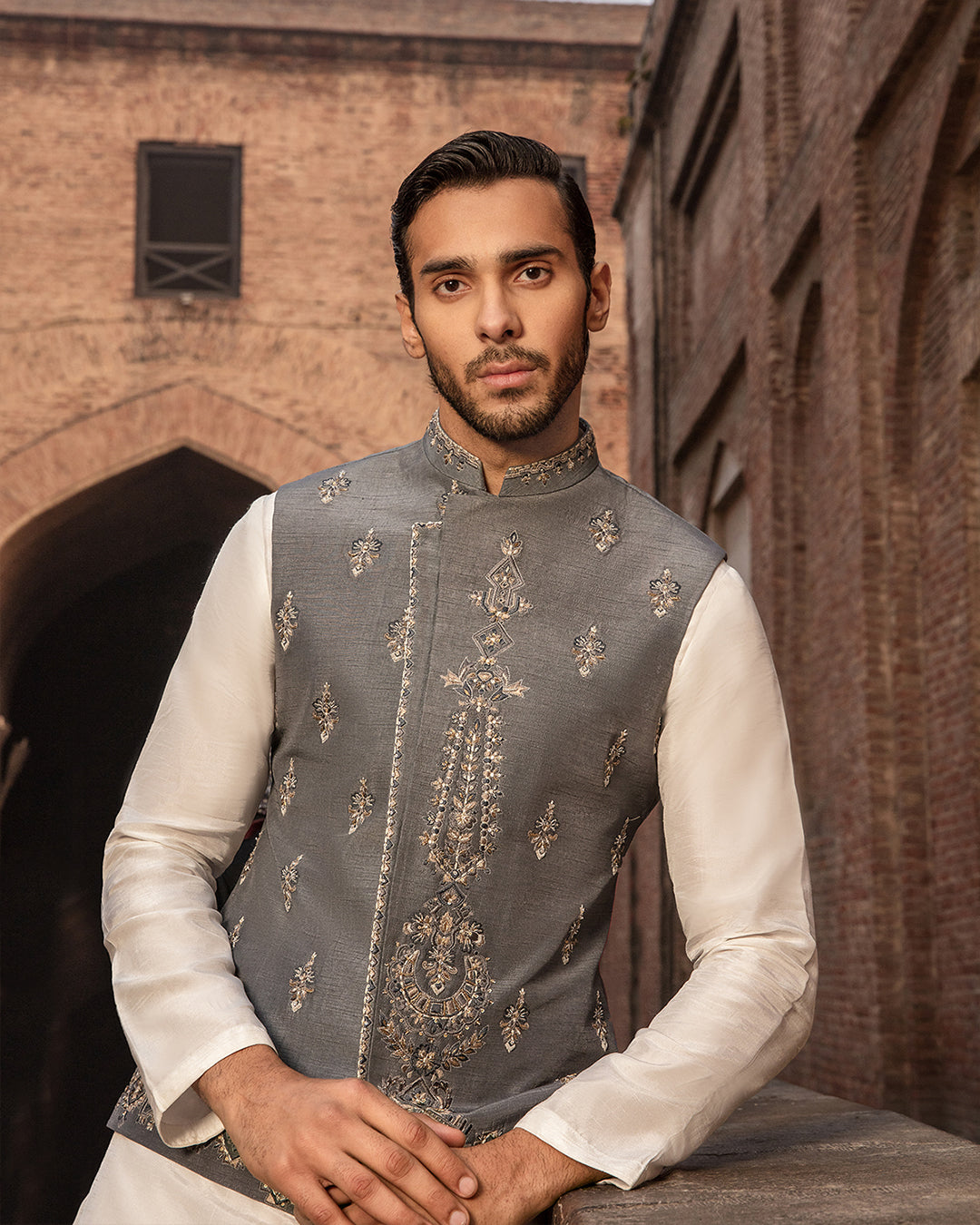 Grey Embroidered Korean Raw Silk Waistcoat Kurta (3-Piece) - Image 2