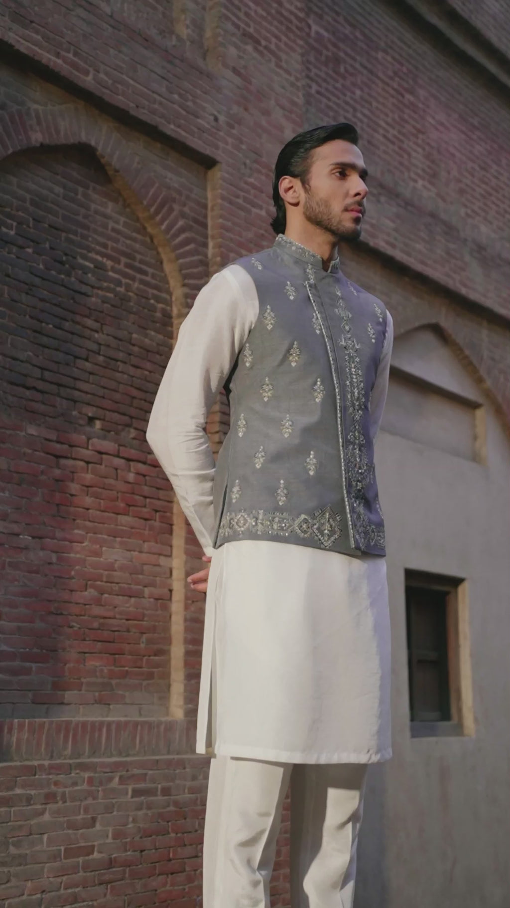 Grey Embroidered Korean Raw Silk Waistcoat Kurta (3-Piece) - Image 4