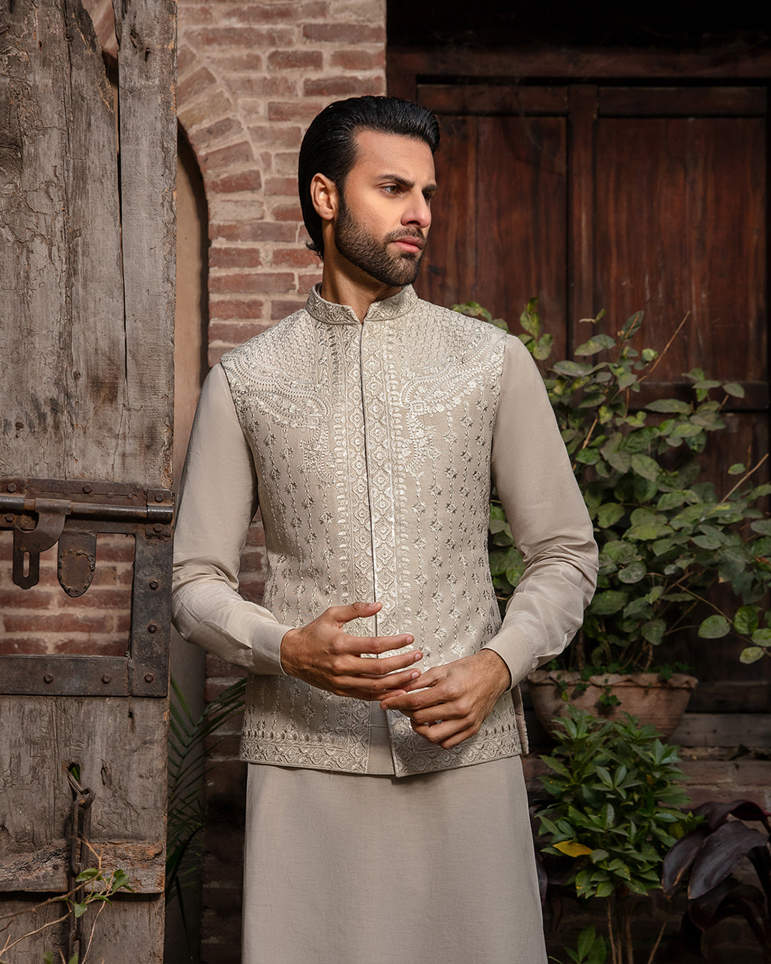 Sand Grey Embroidered Korean Raw Silk Waistcoat Kurta (3-Piece) - Image 2