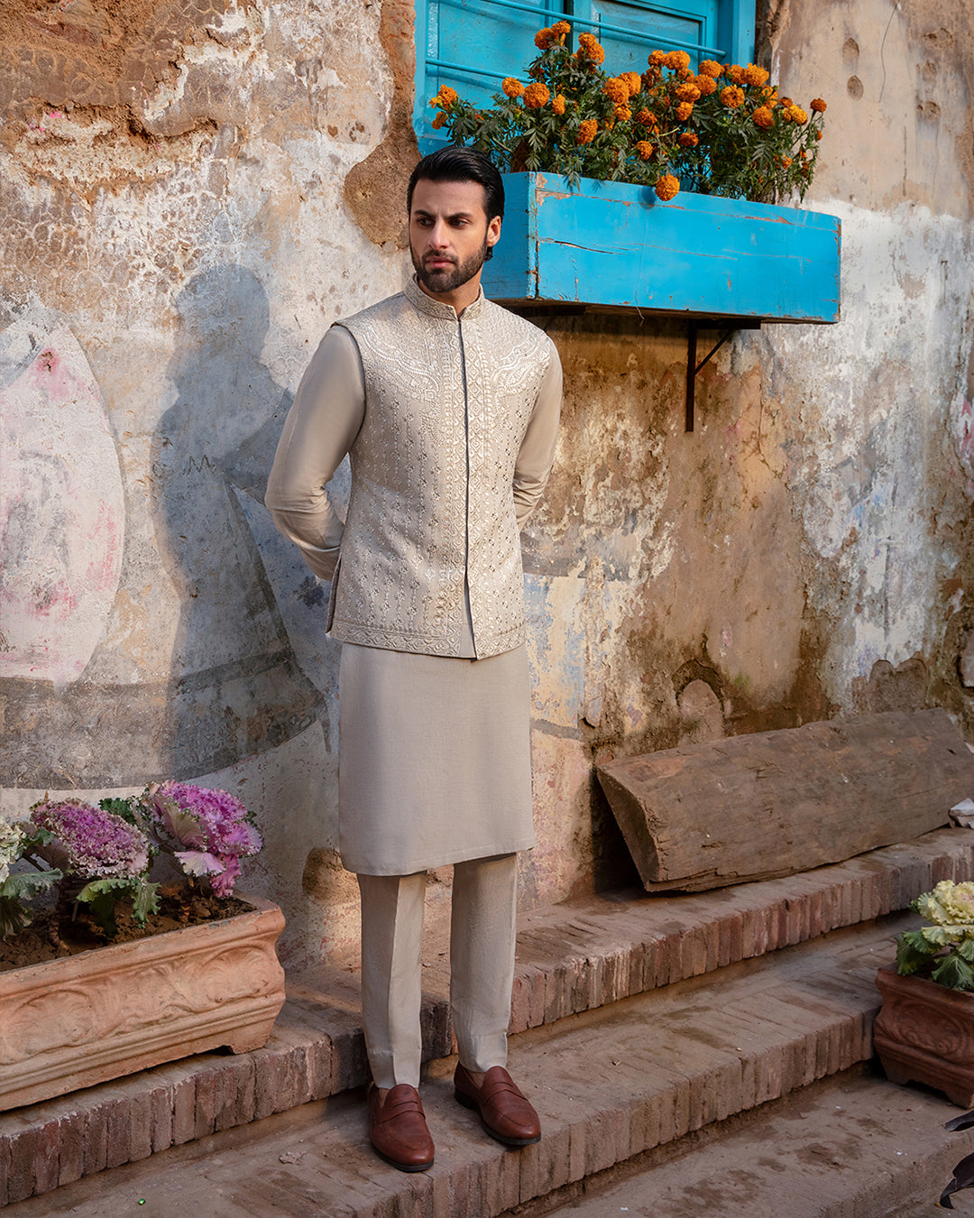 Sand Grey Embroidered Korean Raw Silk Waistcoat Kurta (3-Piece) - Image 3