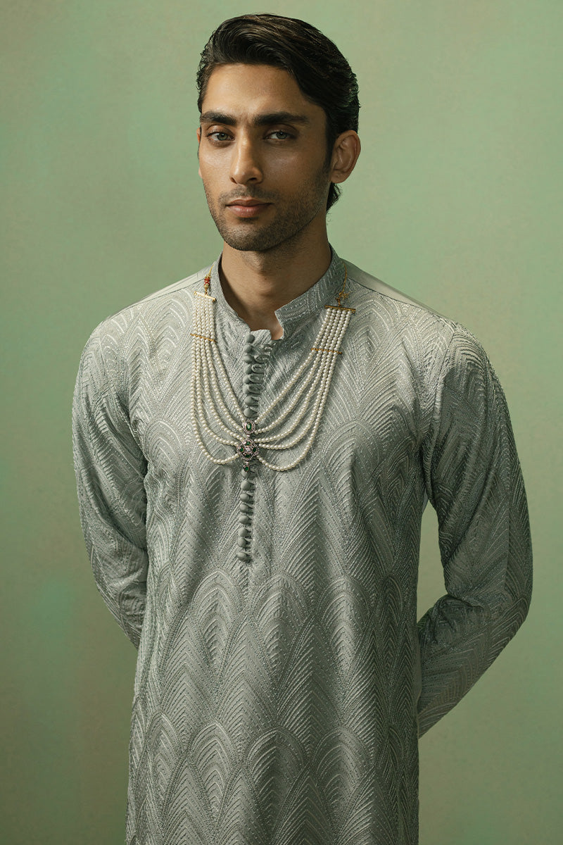 Ice Grey Art Deco Silk Blend Kurta Pajama (3-Piece) - Image 3