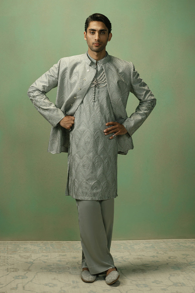Ice Grey Art Deco Silk Blend Kurta Pajama (3-Piece) - Image 7