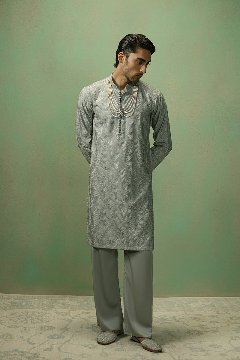Ice Grey Art Deco Silk Blend Kurta Pajama (3-Piece) - Image 1