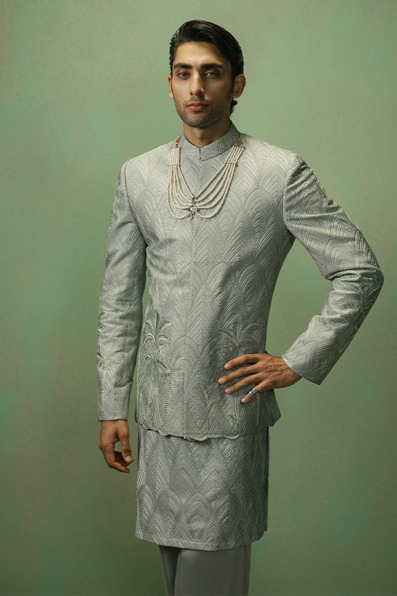 Ice Grey Art Deco Silk Blend Kurta Pajama (3-Piece) - Image 5