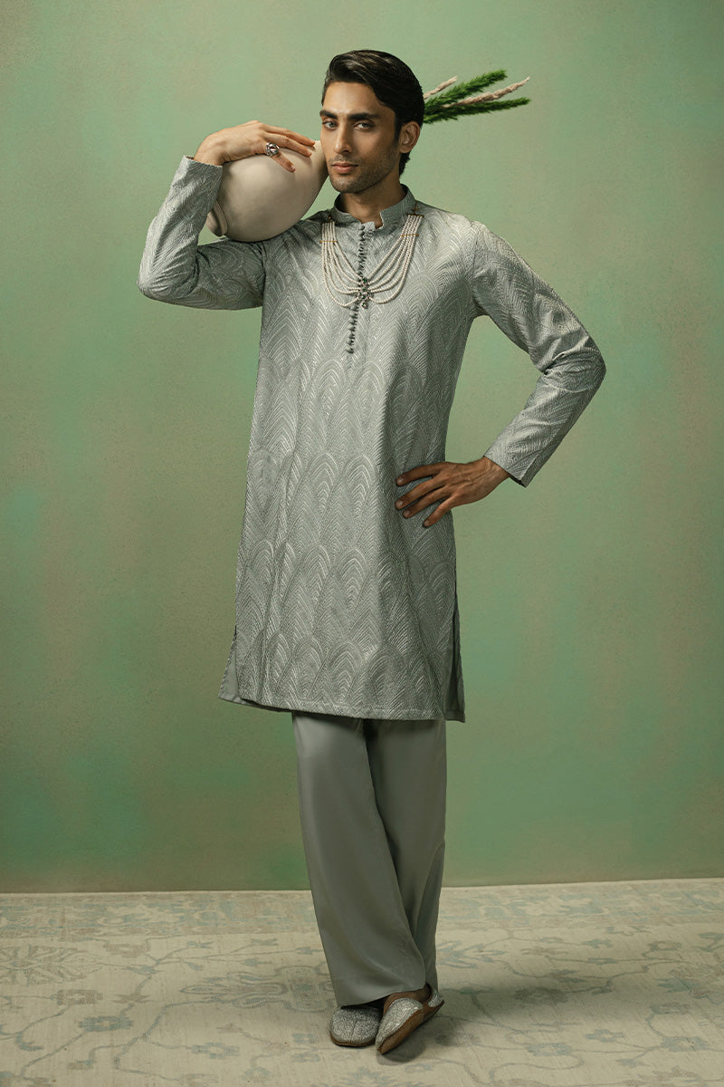 Ice Grey Art Deco Silk Blend Kurta Pajama (3-Piece) - Image 9