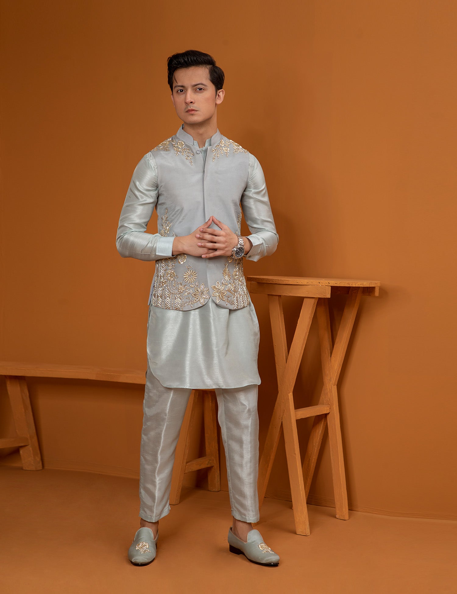 Grey Embellished Silk Waistcoat Kurta Pajama (3-Piece) - Image 1