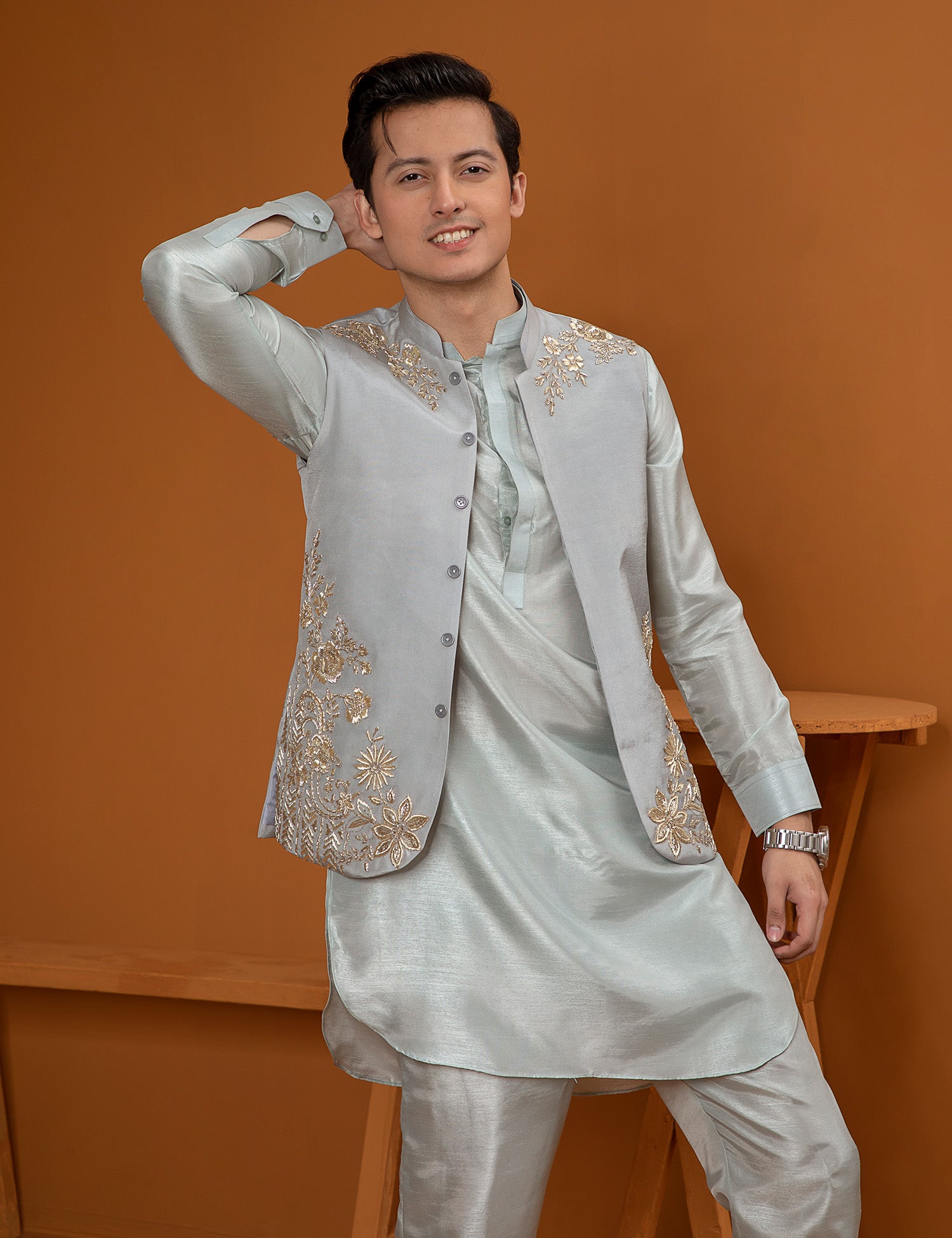 Grey Embroidered Silk Waistcoat Kurta Pajama (3-Piece) - Image 2
