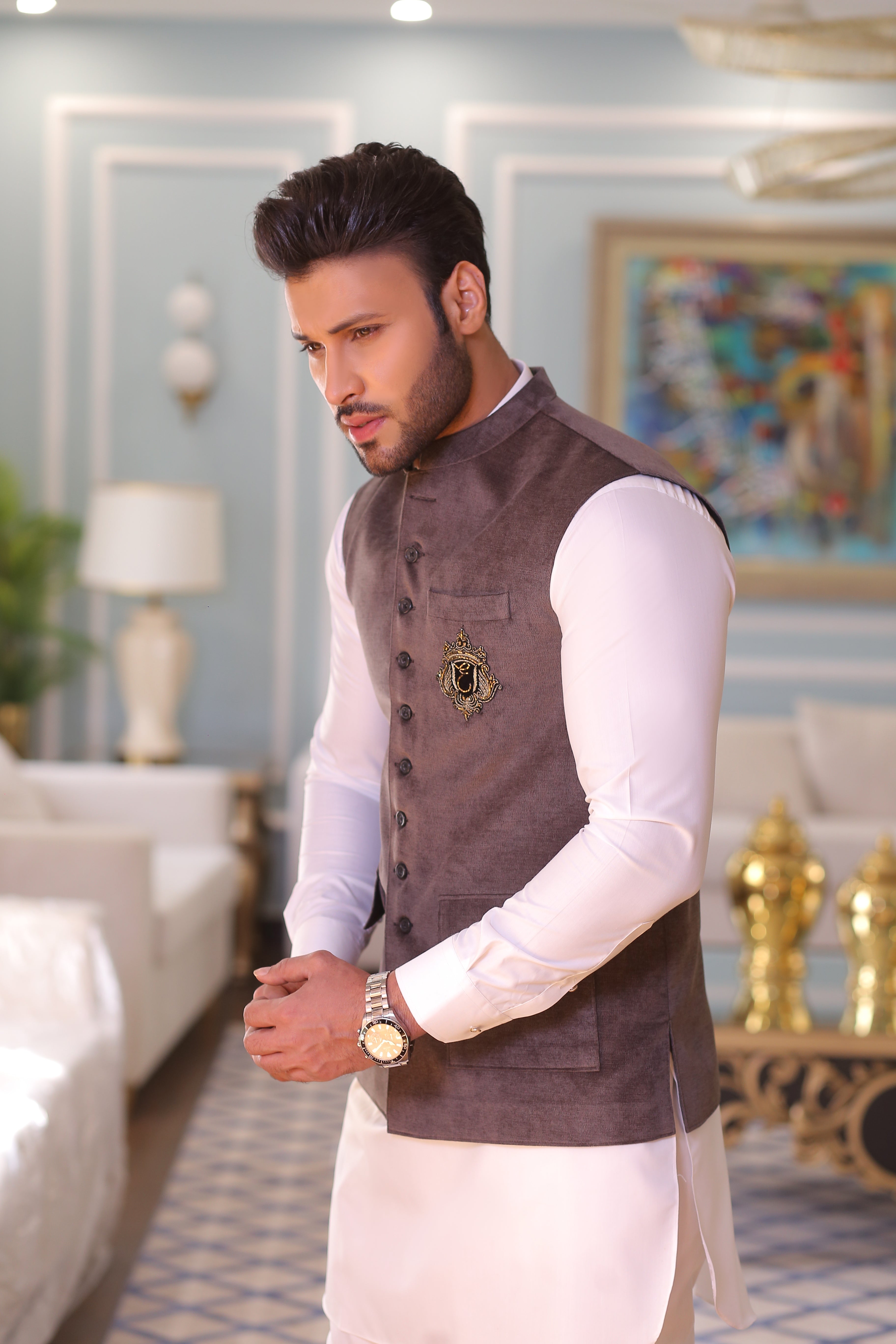 Grey Embroidered Suiting Waistcoat (3-Piece) - Image 3
