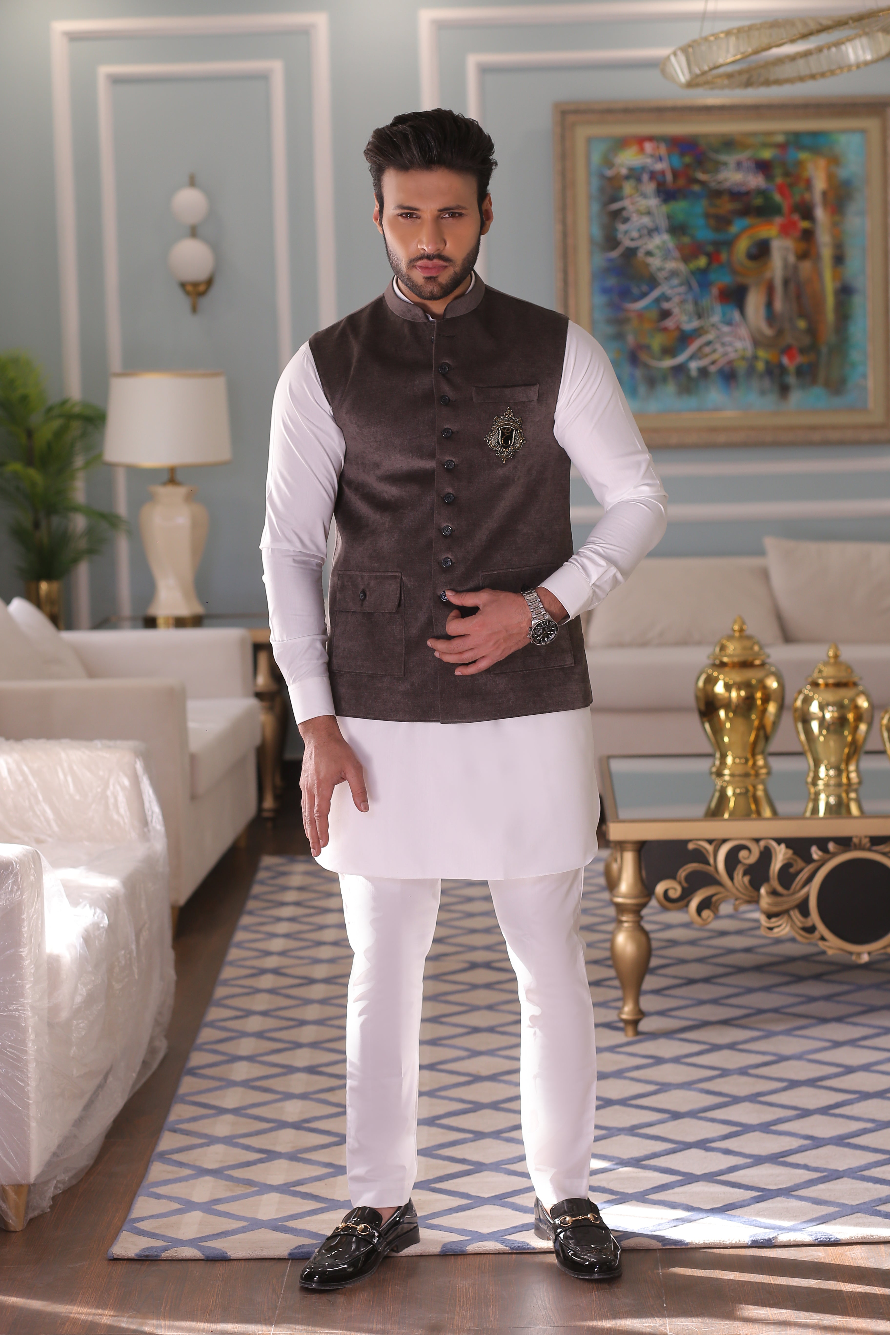 Grey Embroidered Suiting Waistcoat (3-Piece) - Image 4