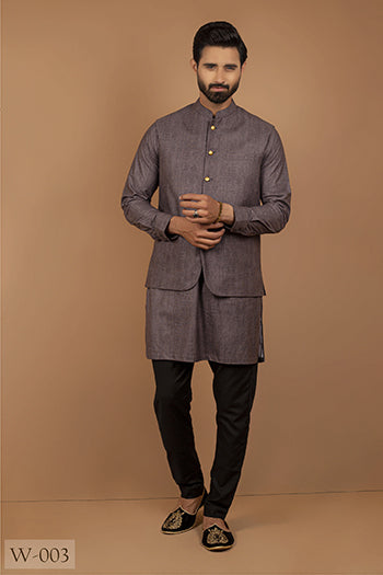 Grey Textured Suiting Waistcoat Kurta Set (3-Piece) - Image 1