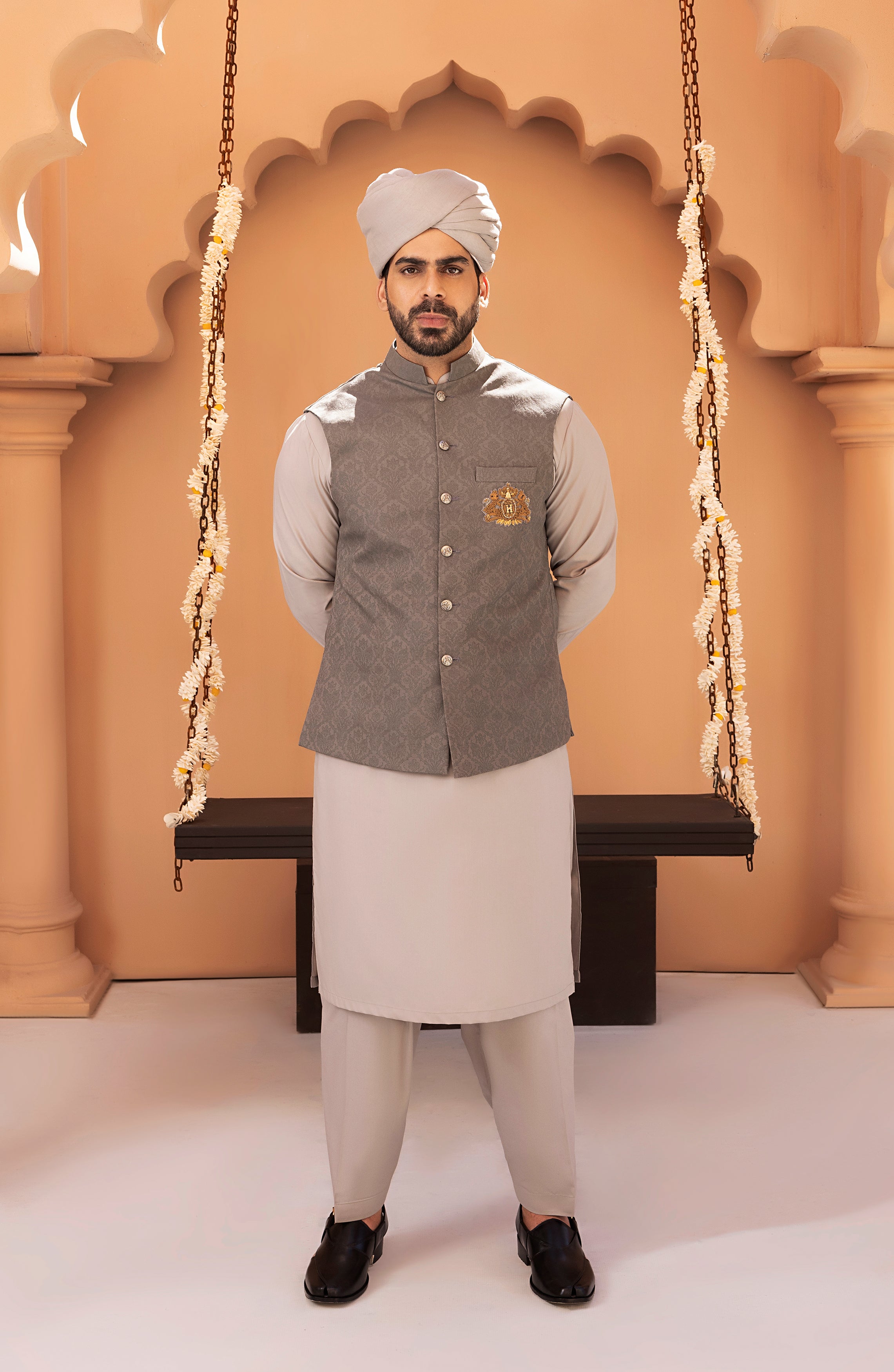 Ash Grey Embroidered Twill Waistcoat Kurta (3-Piece) - Image 1