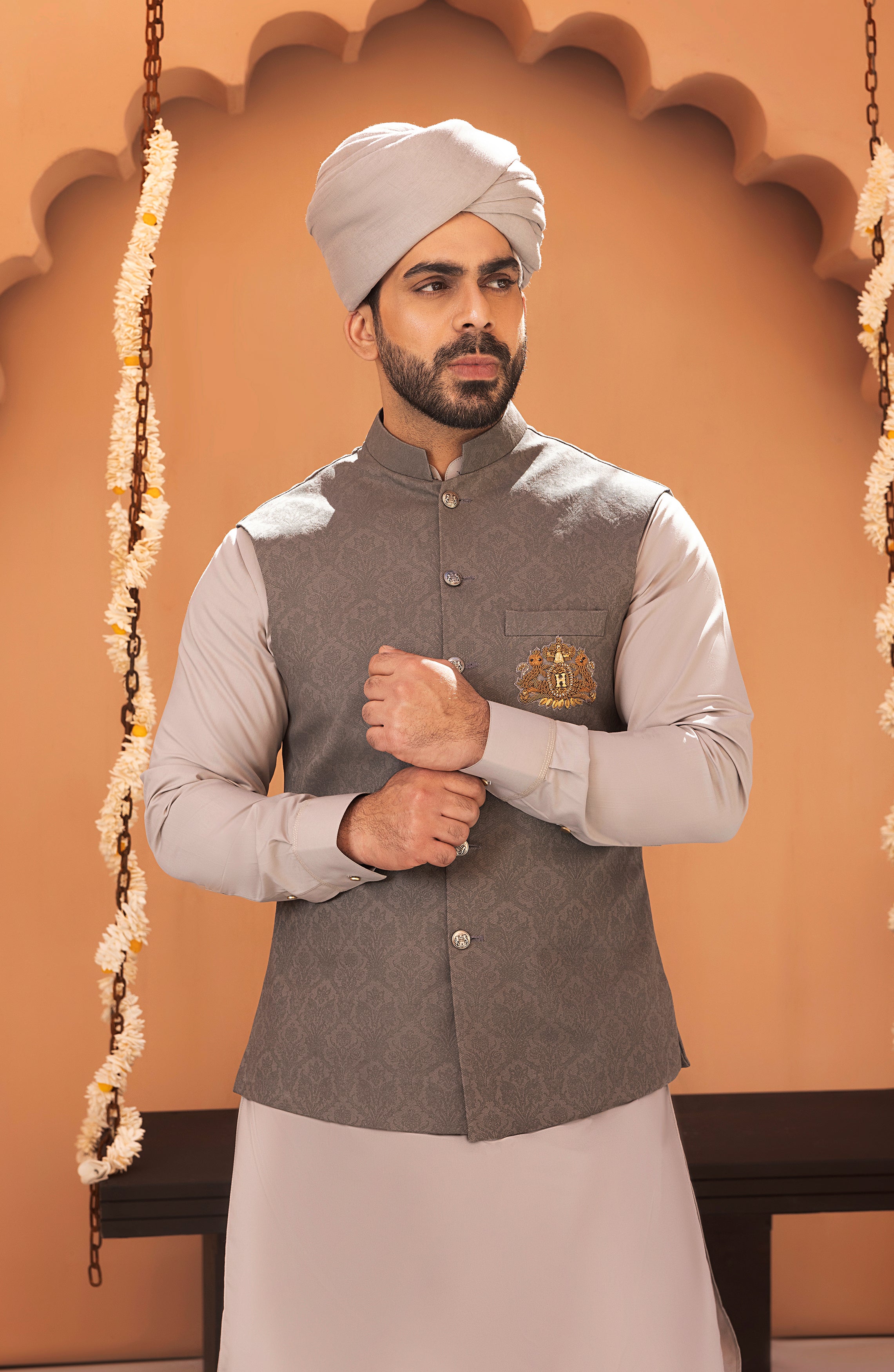 Ash Grey Embroidered Twill Waistcoat Kurta (3-Piece) - Image 2
