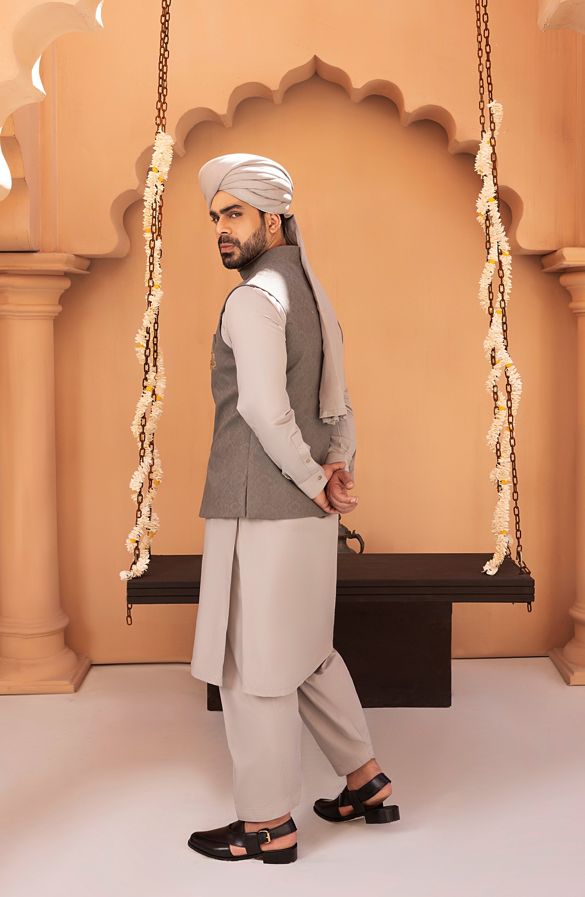 Ash Grey Embroidered Twill Waistcoat Kurta (3-Piece) - Image 4