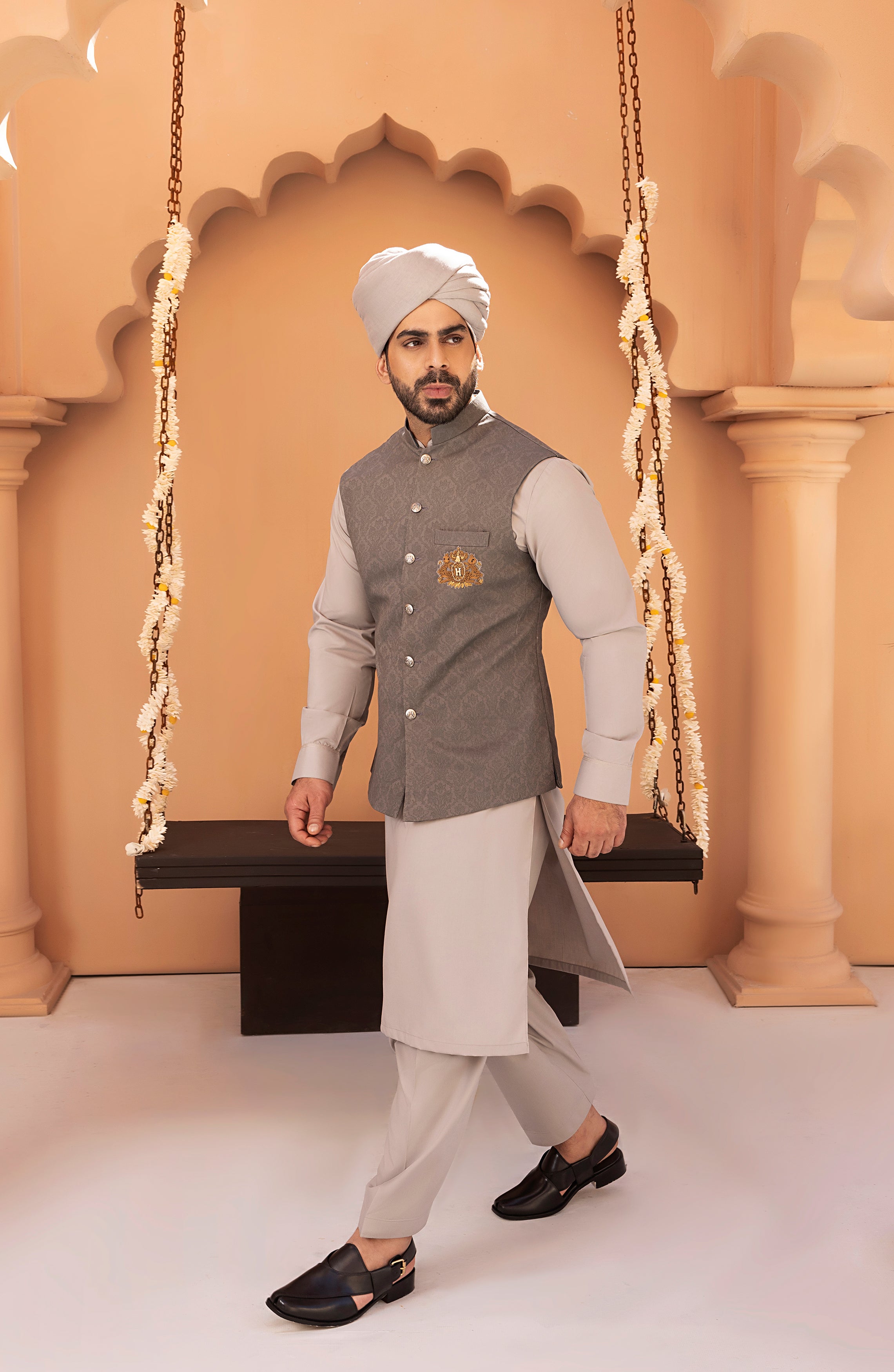 Ash Grey Embroidered Twill Waistcoat Kurta (3-Piece) - Image 5