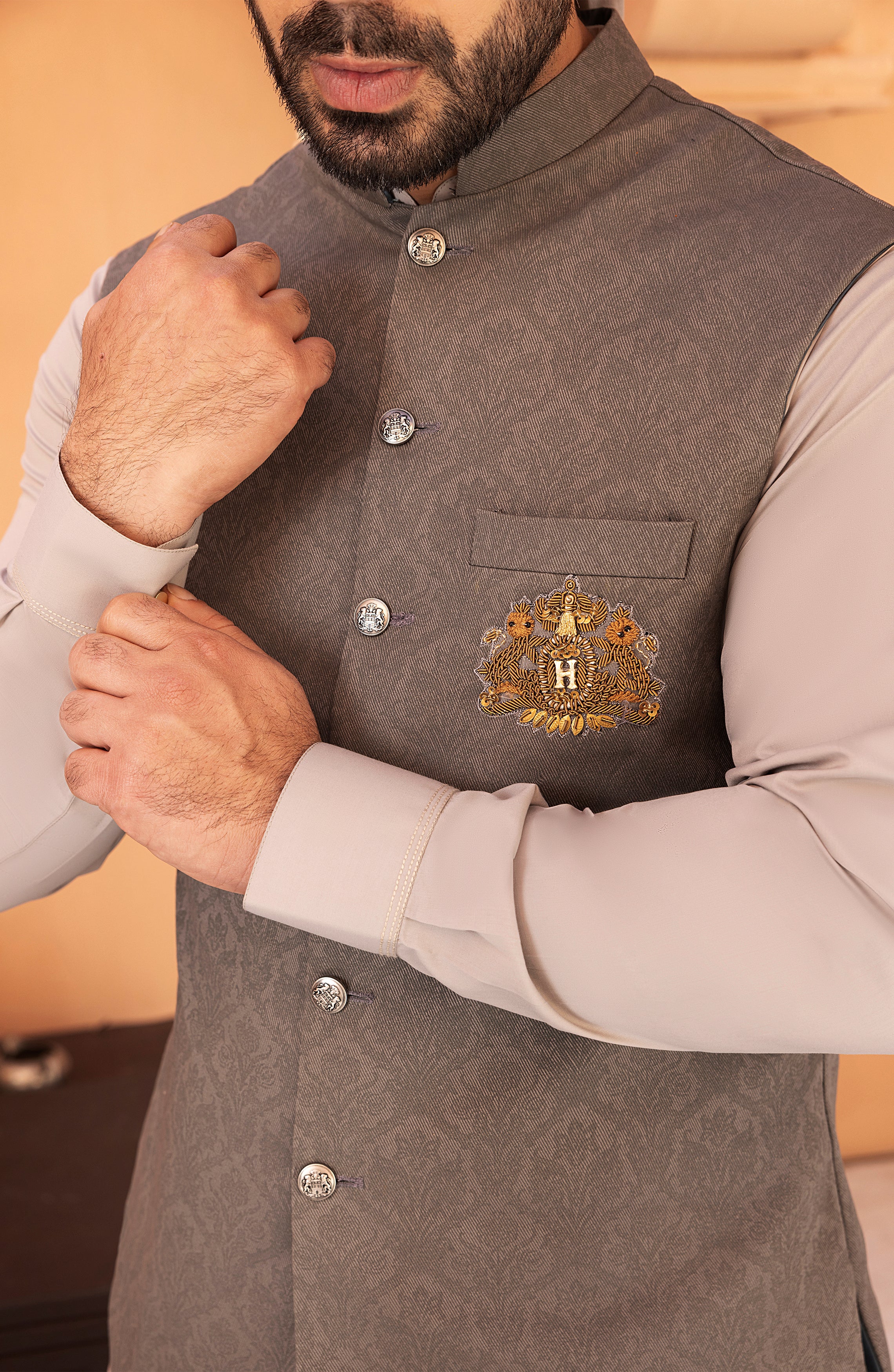 Ash Grey Embroidered Twill Waistcoat Kurta (3-Piece) - Image 6