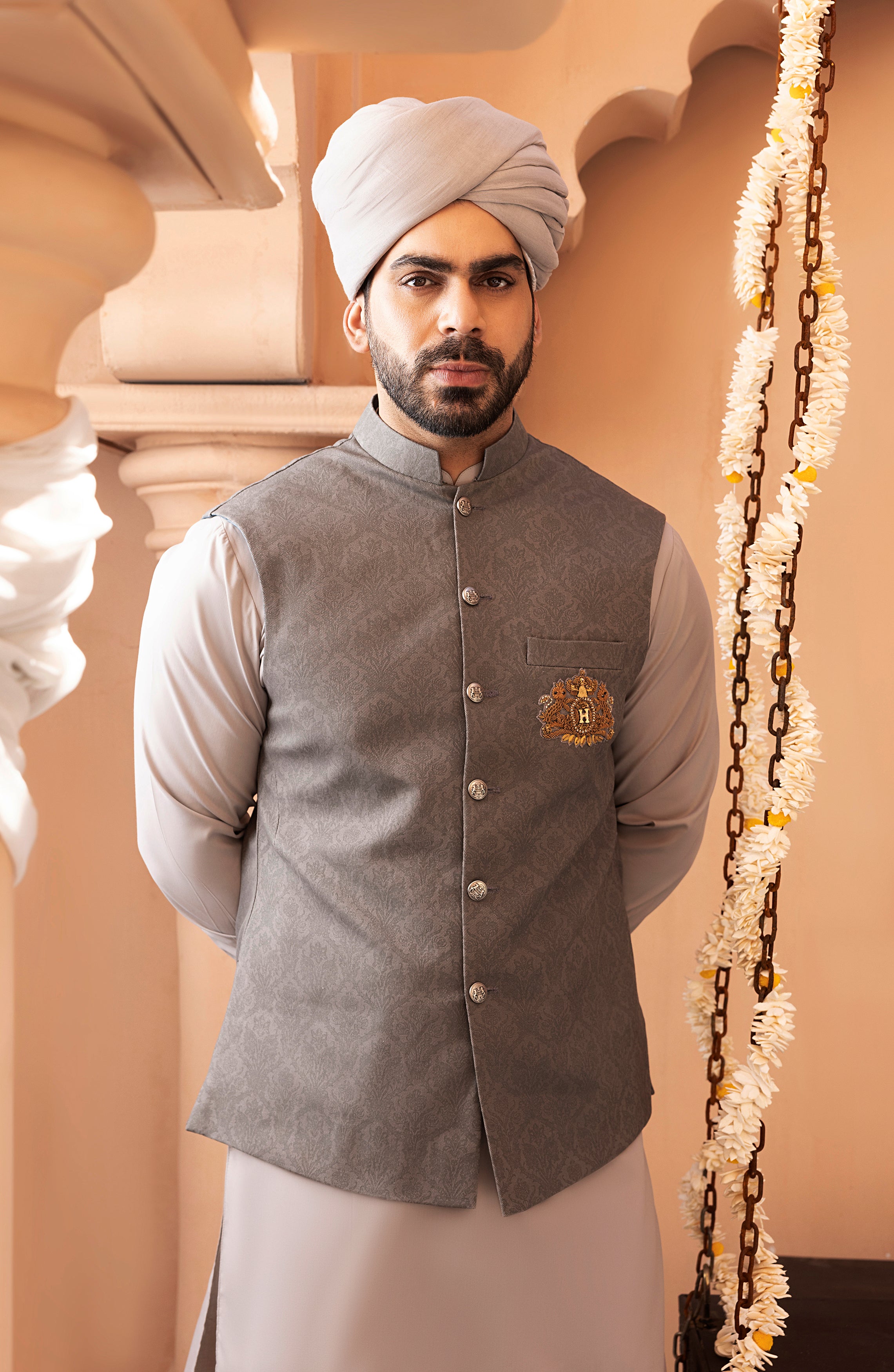 Ash Grey Embroidered Twill Waistcoat Kurta (3-Piece) - Image 7