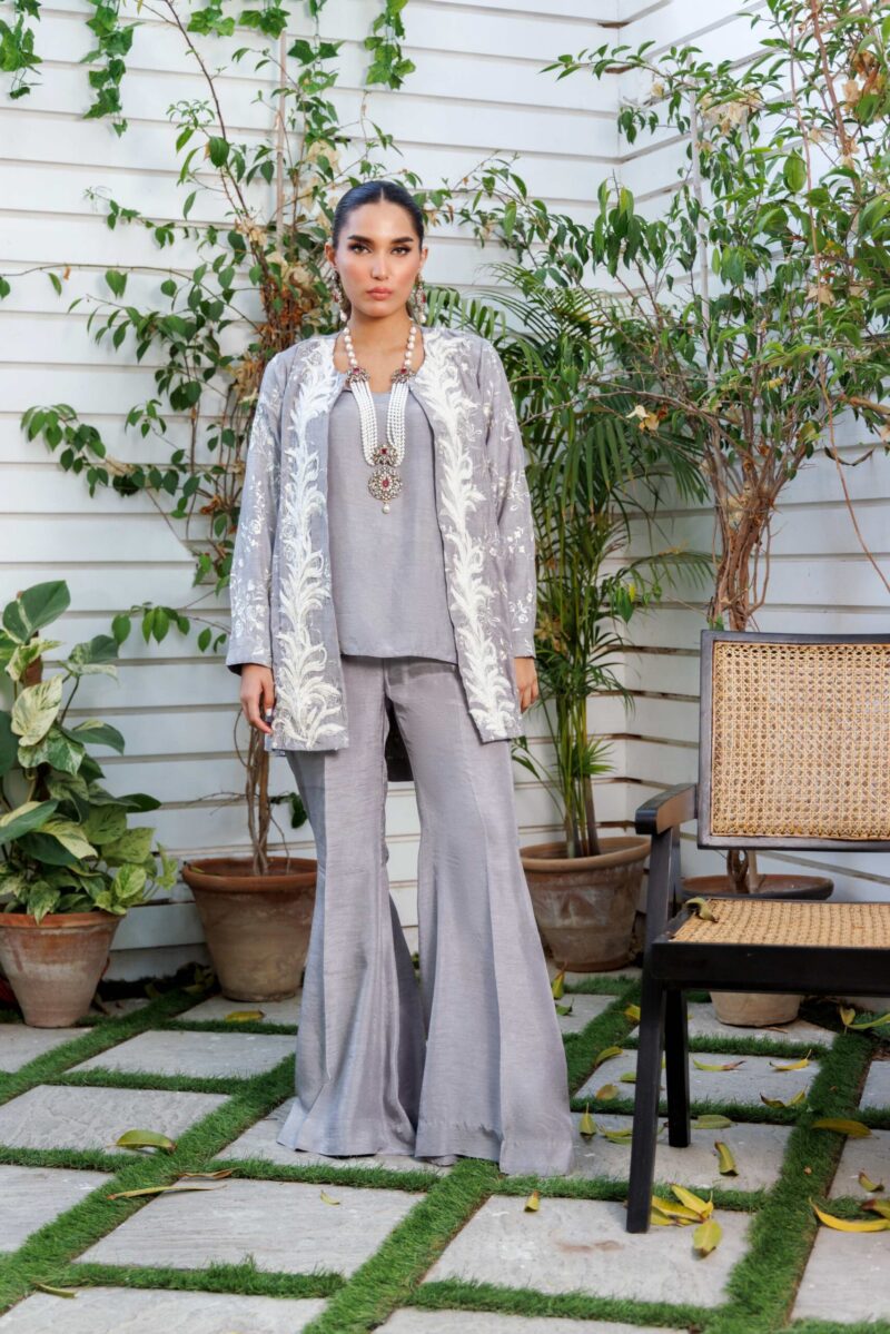 Pakistani Grey Embroidered Silk Cape Dress (3-Piece) - Image 1