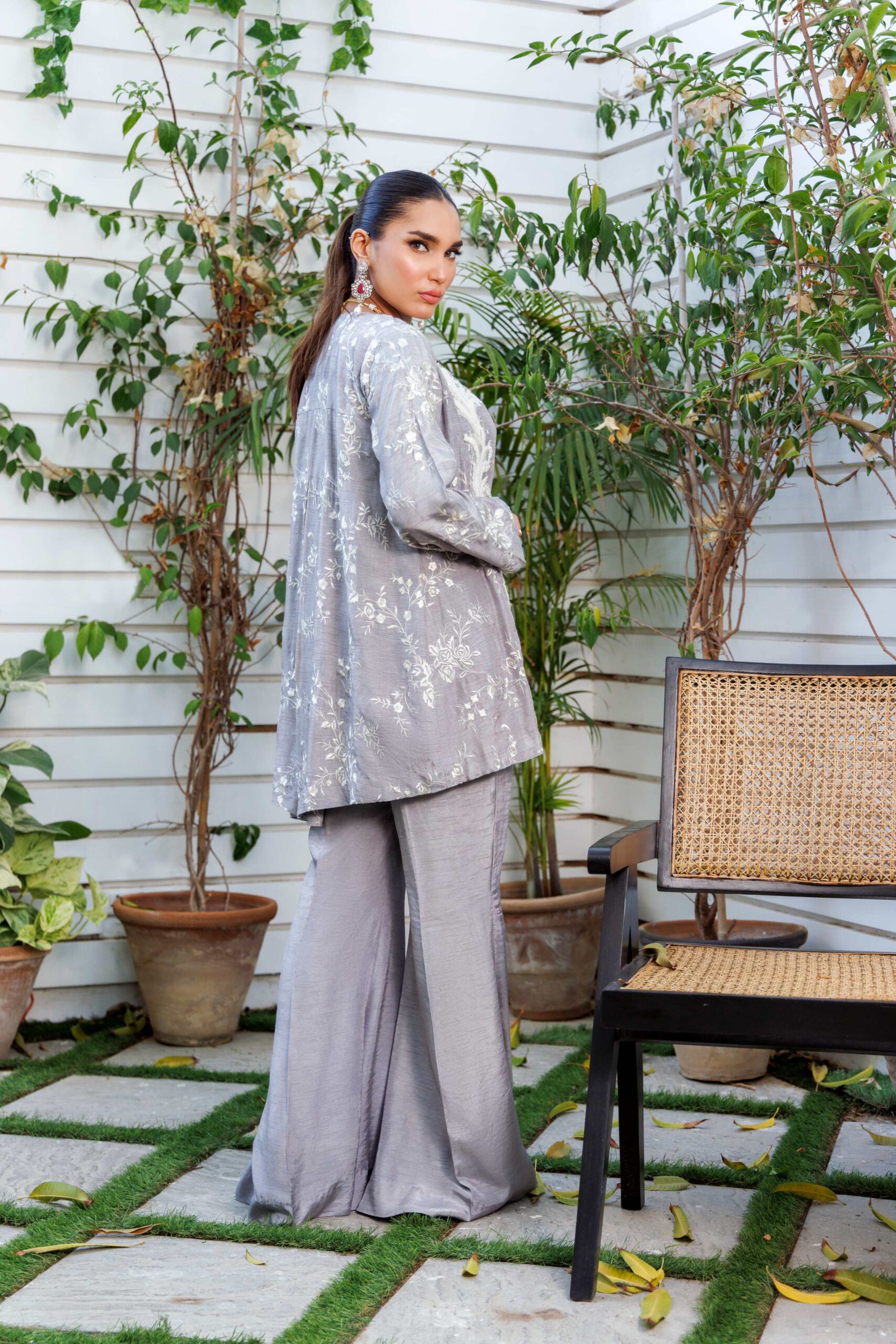 Pakistani Grey Embroidered Silk Cape Dress (3-Piece) - Image 3