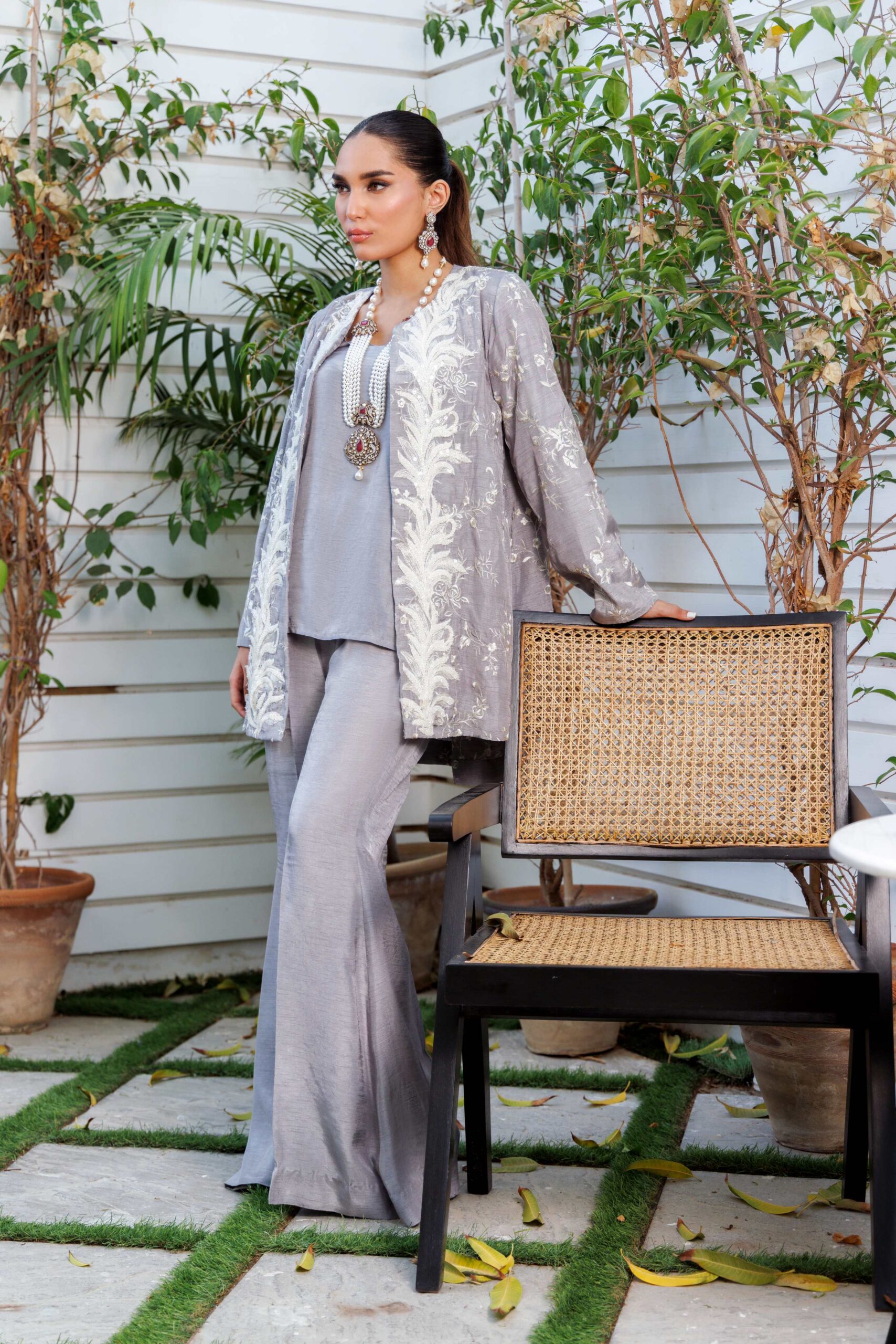 Pakistani Grey Embroidered Silk Cape Dress (3-Piece) - Image 4
