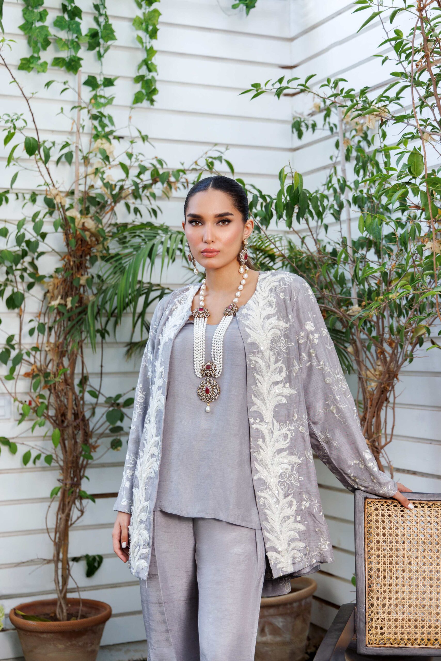 Pakistani Grey Embroidered Silk Cape Dress (3-Piece) - Image 5