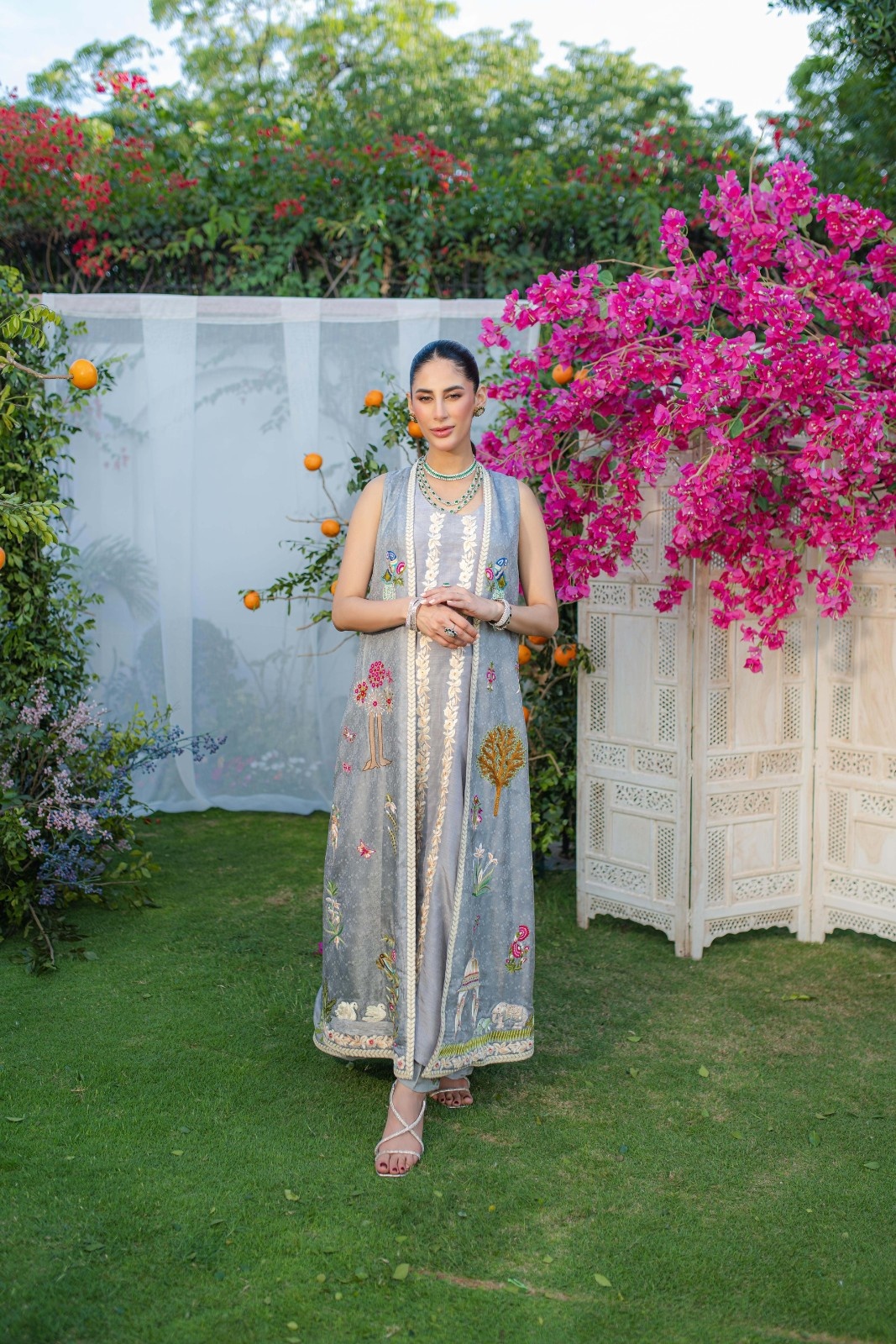 Pakistani Grey Embroidered Silk Cape Dress (3-Piece) - Image 2