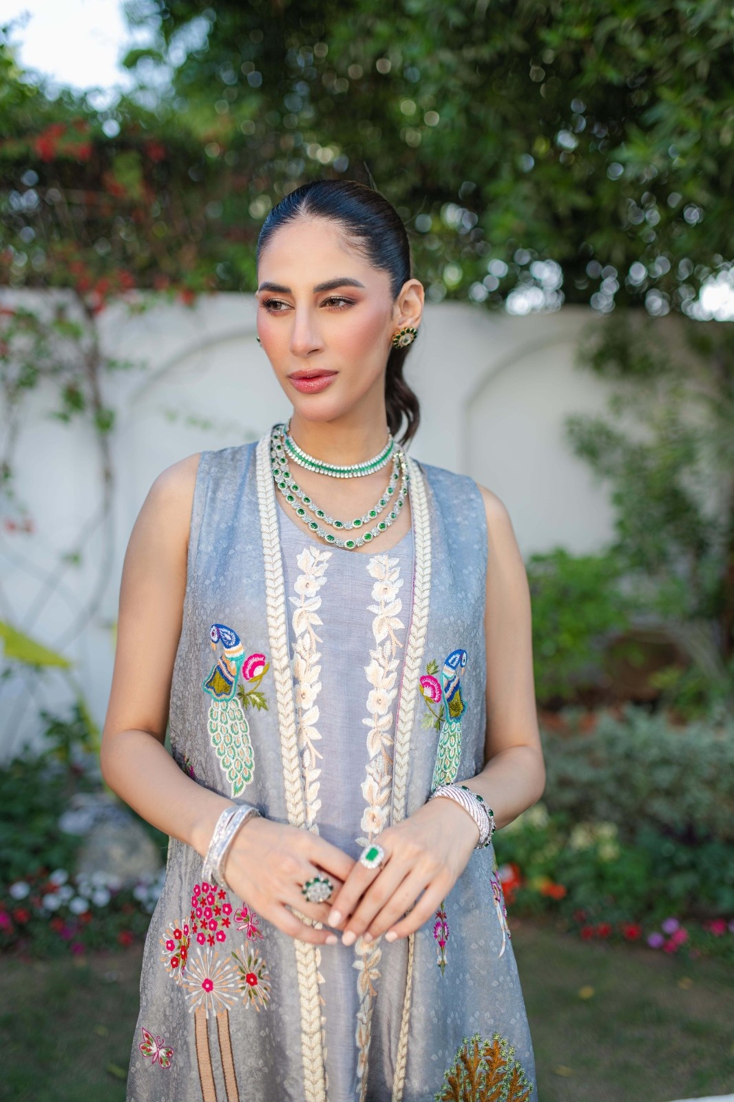 Pakistani Grey Embroidered Silk Cape Dress (3-Piece) - Image 4