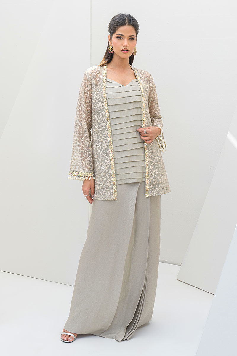 Olive Grey Embroidered Organza Co-ord Set (3-Piece) - Image 1