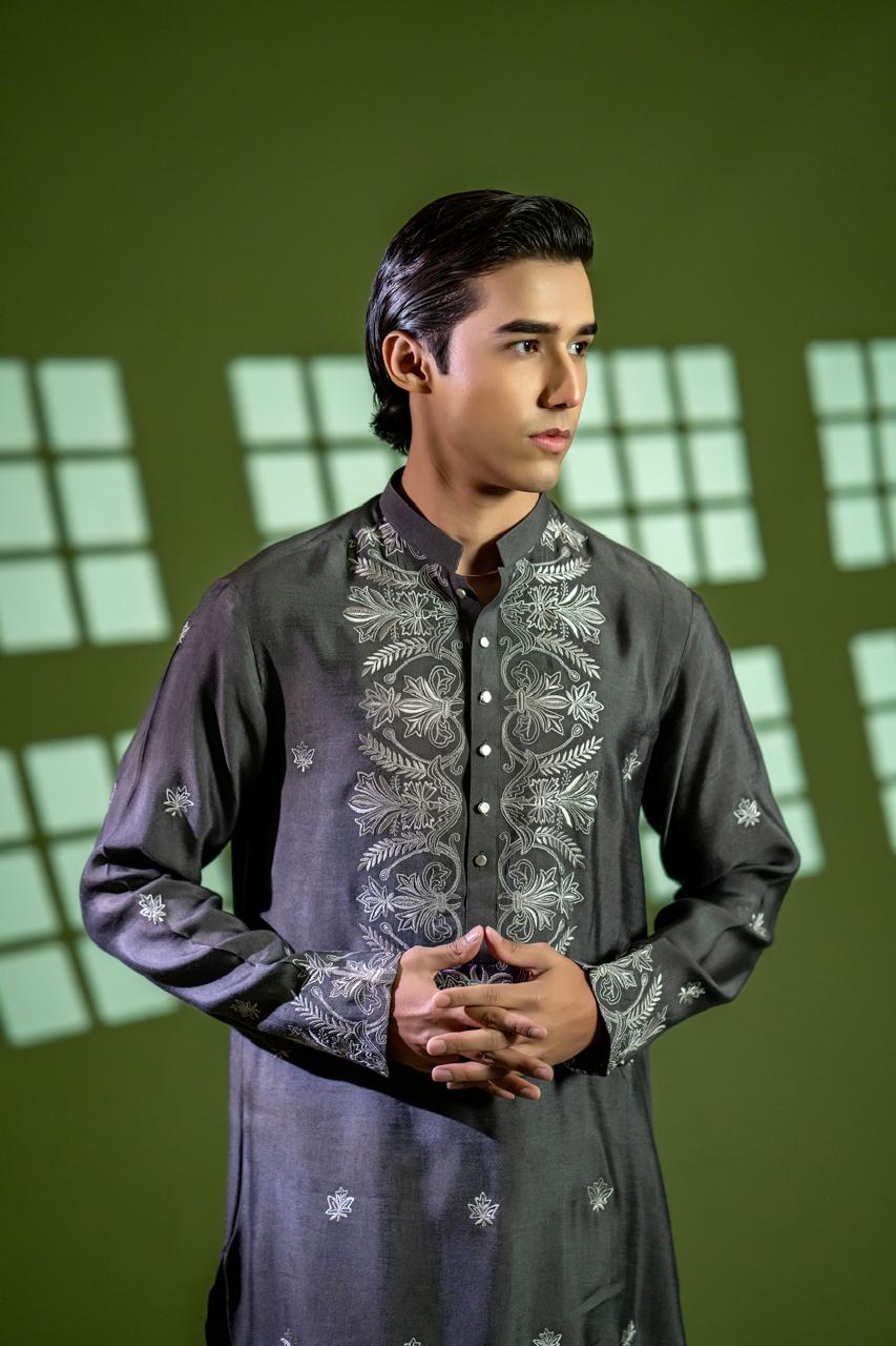 Charcoal Grey Embroidered Cotton Net Kurta (2-Piece) - Image 2