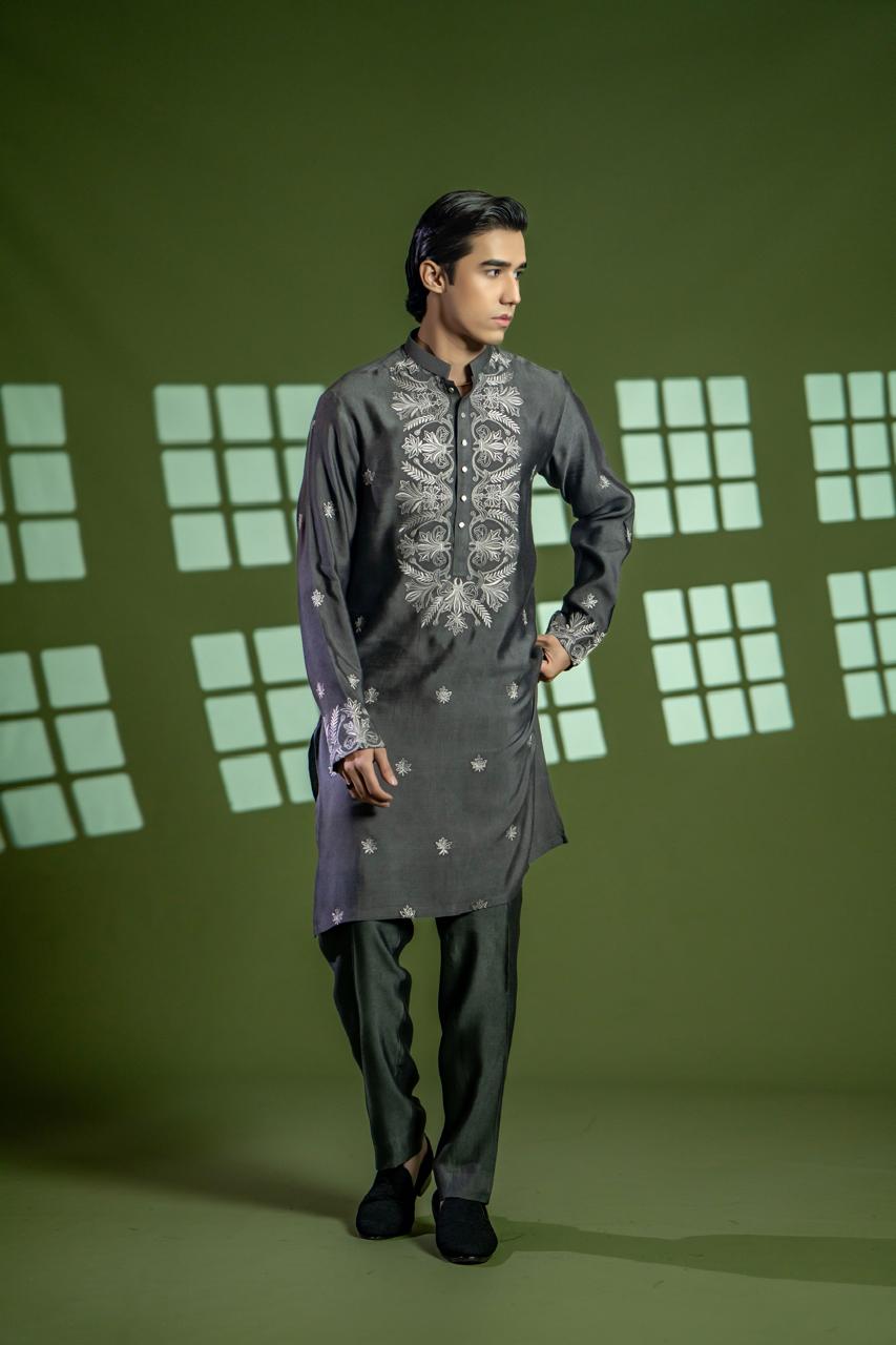Charcoal Grey Embroidered Cotton Net Kurta (2-Piece) - Image 4